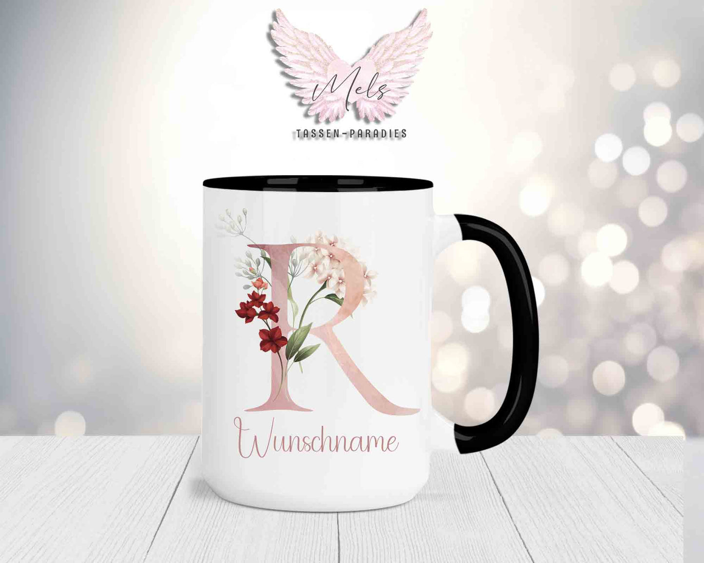 Blumen-Alphabet mit Name - Personalisierte 15oz Keramik-Tasse Schwarz