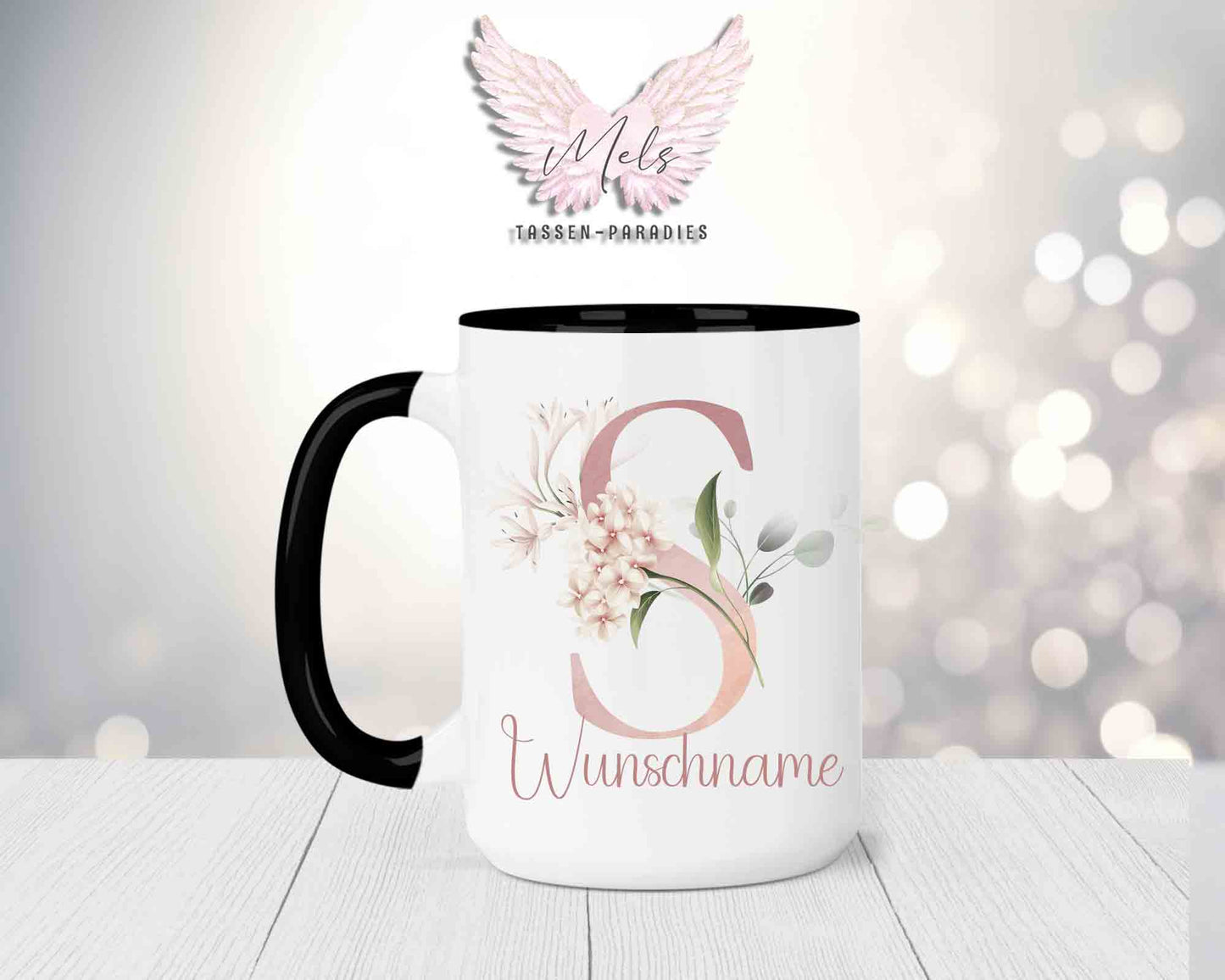 Blumen-Alphabet mit Name - Personalisierte 15oz Keramik-Tasse Schwarz