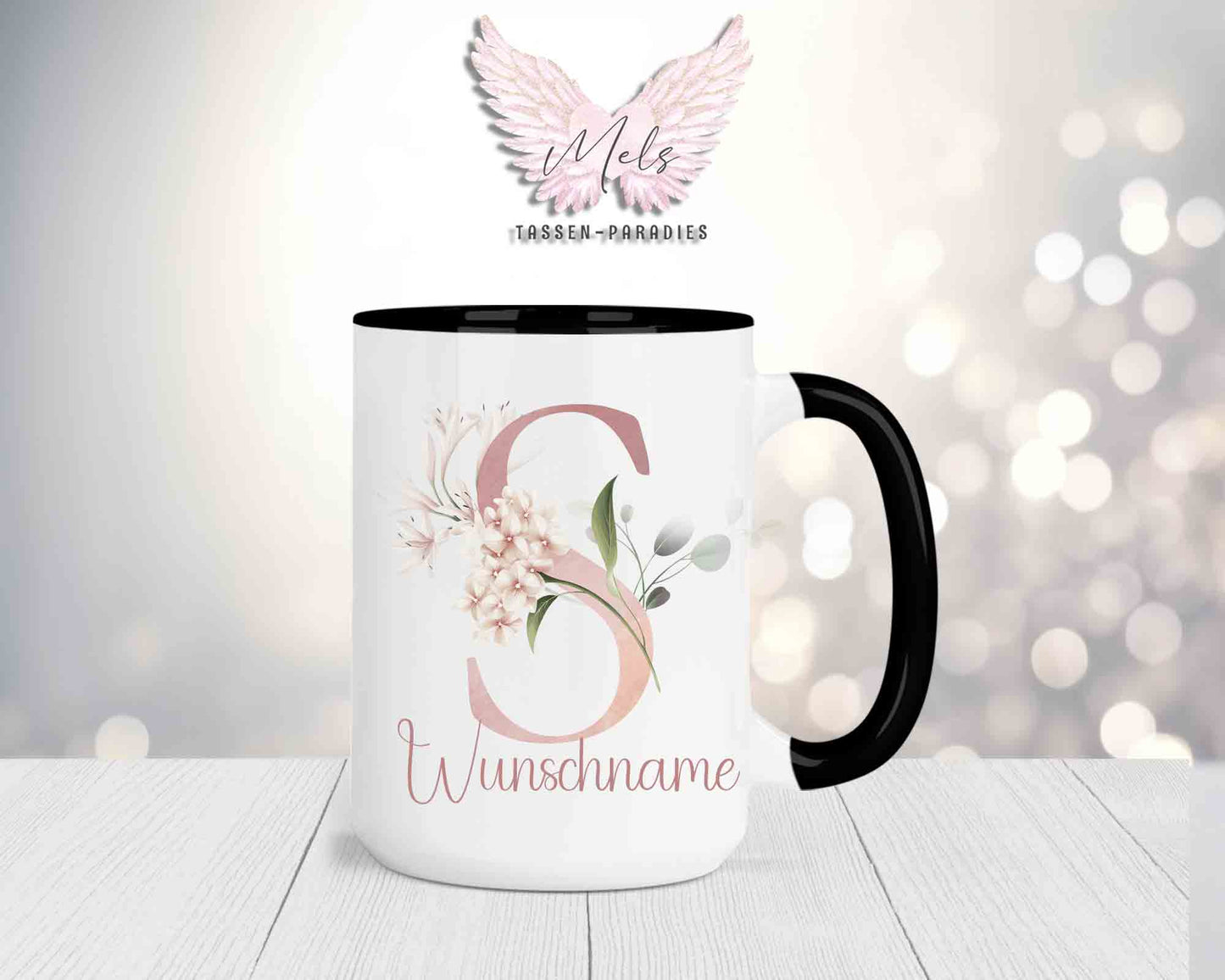 Blumen-Alphabet mit Name - Personalisierte 15oz Keramik-Tasse Schwarz