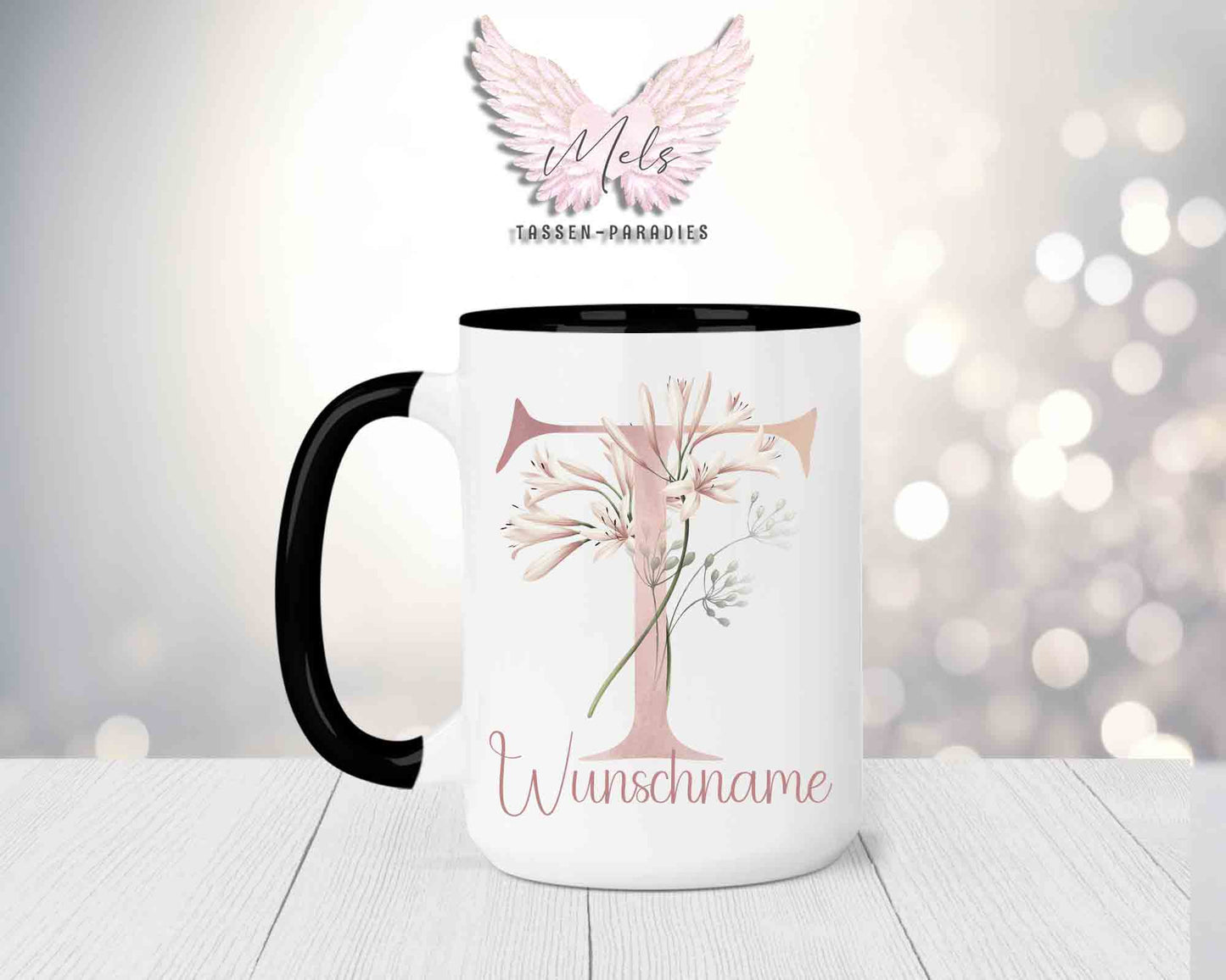 Blumen-Alphabet mit Name - Personalisierte 15oz Keramik-Tasse Schwarz