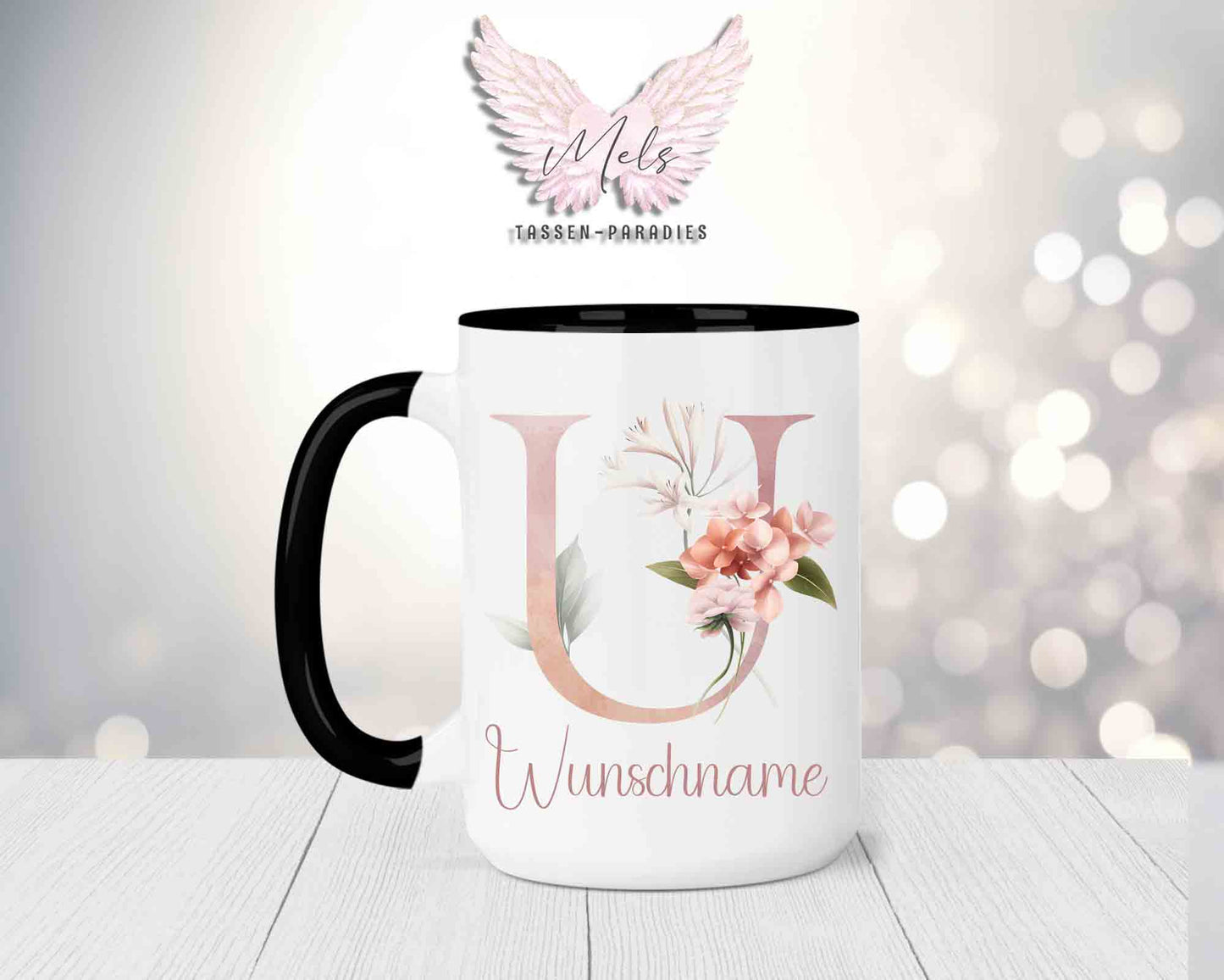 Blumen-Alphabet mit Name - Personalisierte 15oz Keramik-Tasse Schwarz