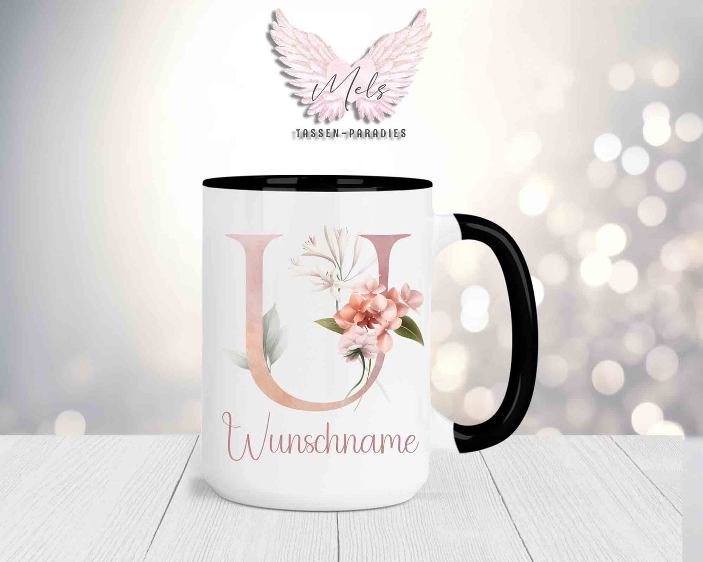 Blumen-Alphabet mit Name - Personalisierte 15oz Keramik-Tasse Schwarz