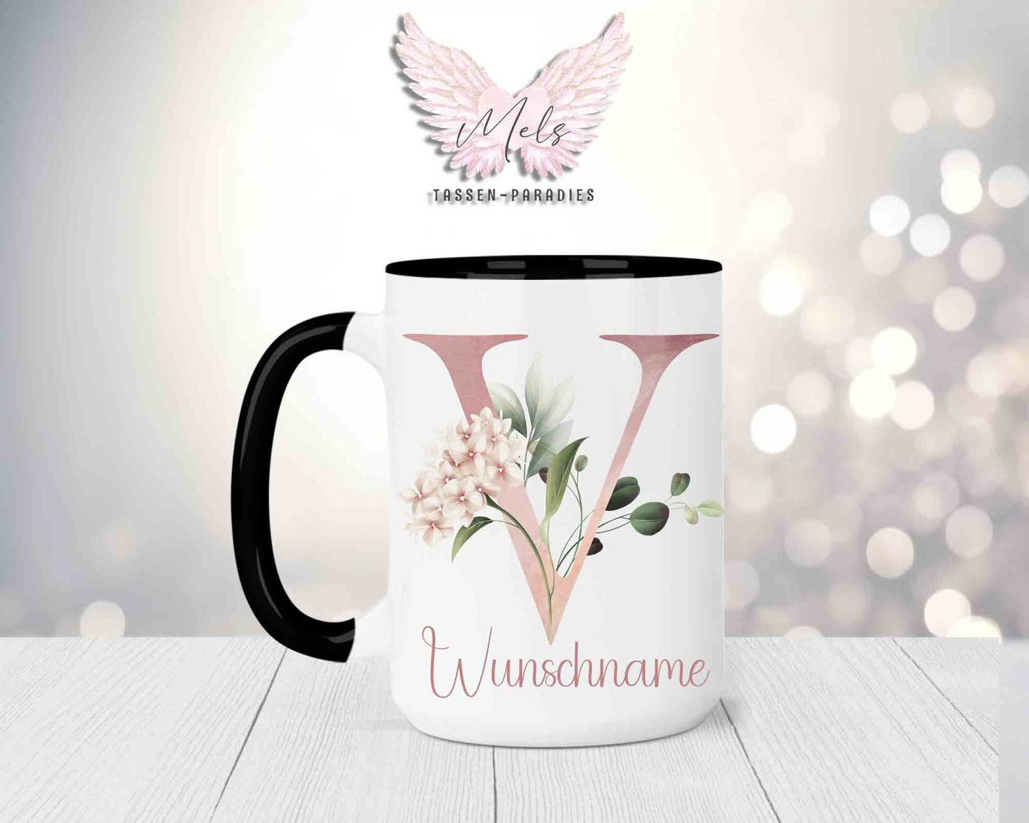 Blumen-Alphabet mit Name - Personalisierte 15oz Keramik-Tasse Schwarz