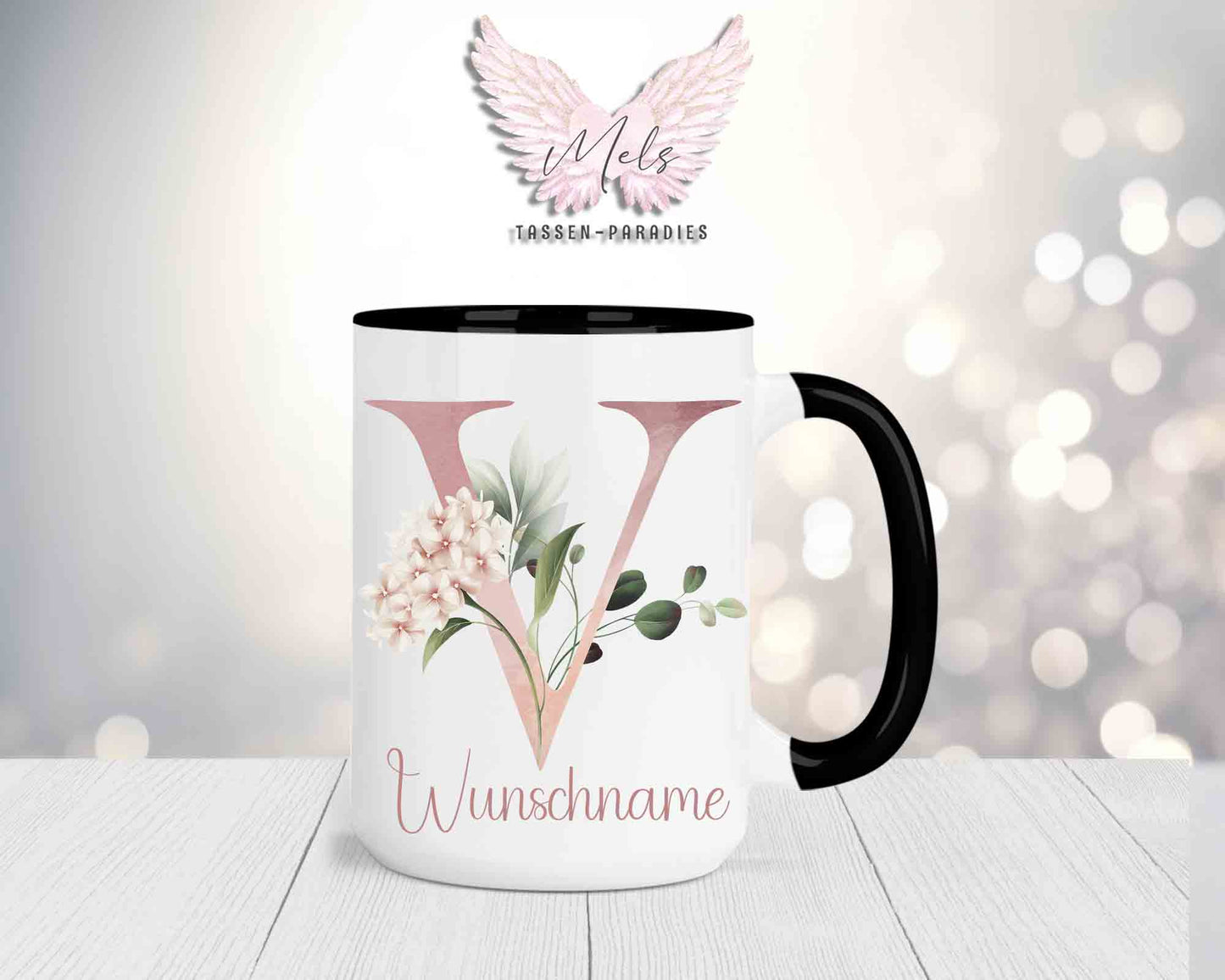 Blumen-Alphabet mit Name - Personalisierte 15oz Keramik-Tasse Schwarz