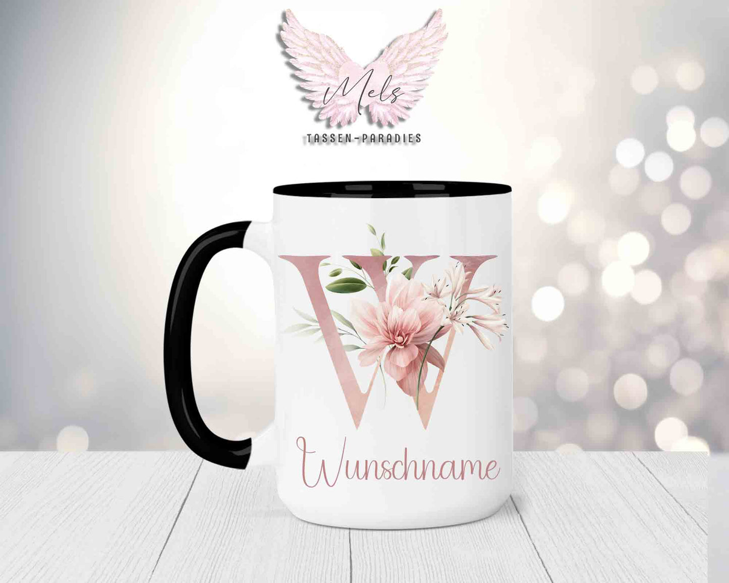 Blumen-Alphabet mit Name - Personalisierte 15oz Keramik-Tasse Schwarz