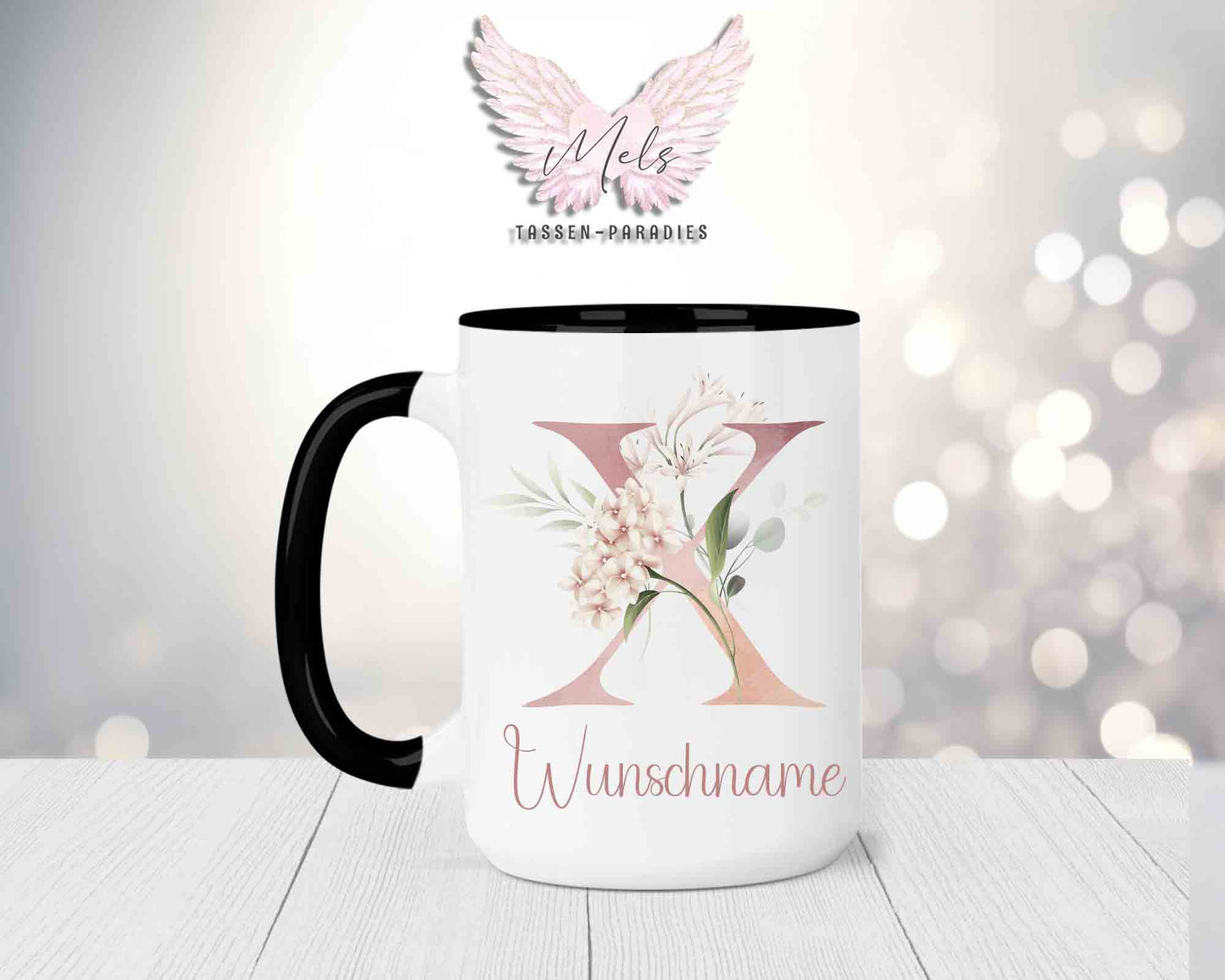 Blumen-Alphabet mit Name - Personalisierte 15oz Keramik-Tasse Schwarz