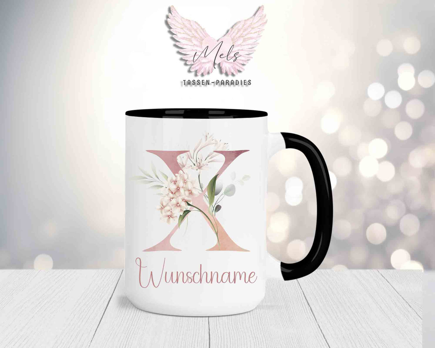Blumen-Alphabet mit Name - Personalisierte 15oz Keramik-Tasse Schwarz