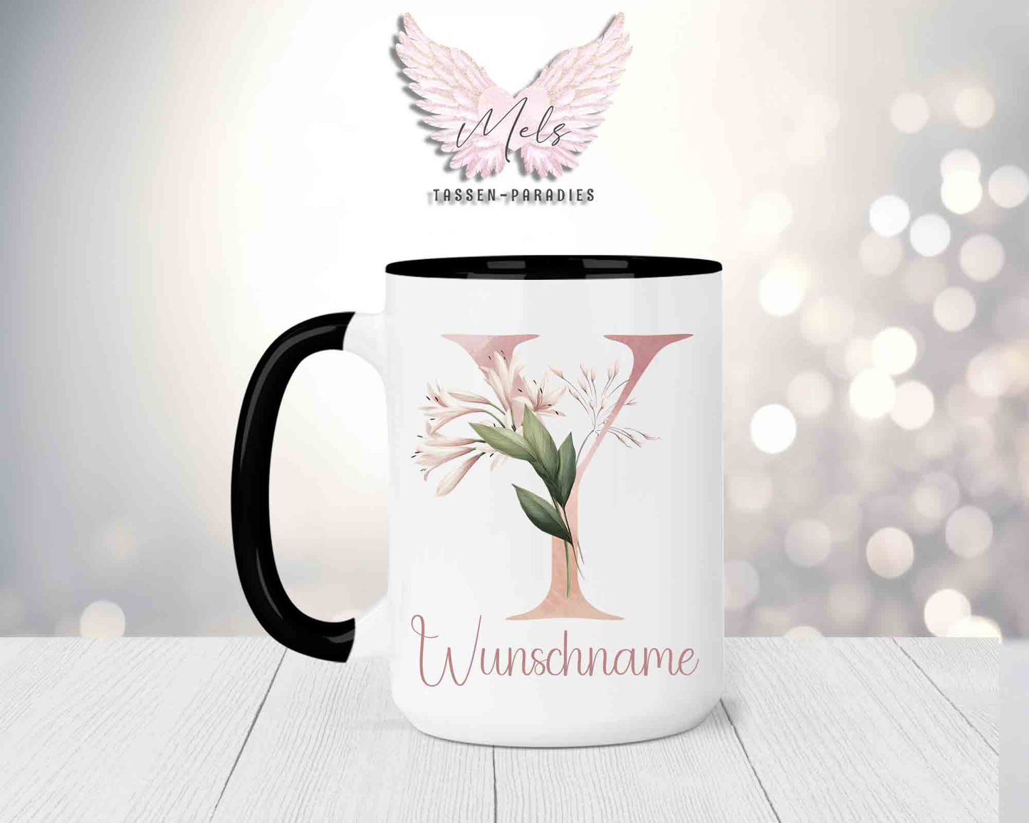Blumen-Alphabet mit Name - Personalisierte 15oz Keramik-Tasse Schwarz