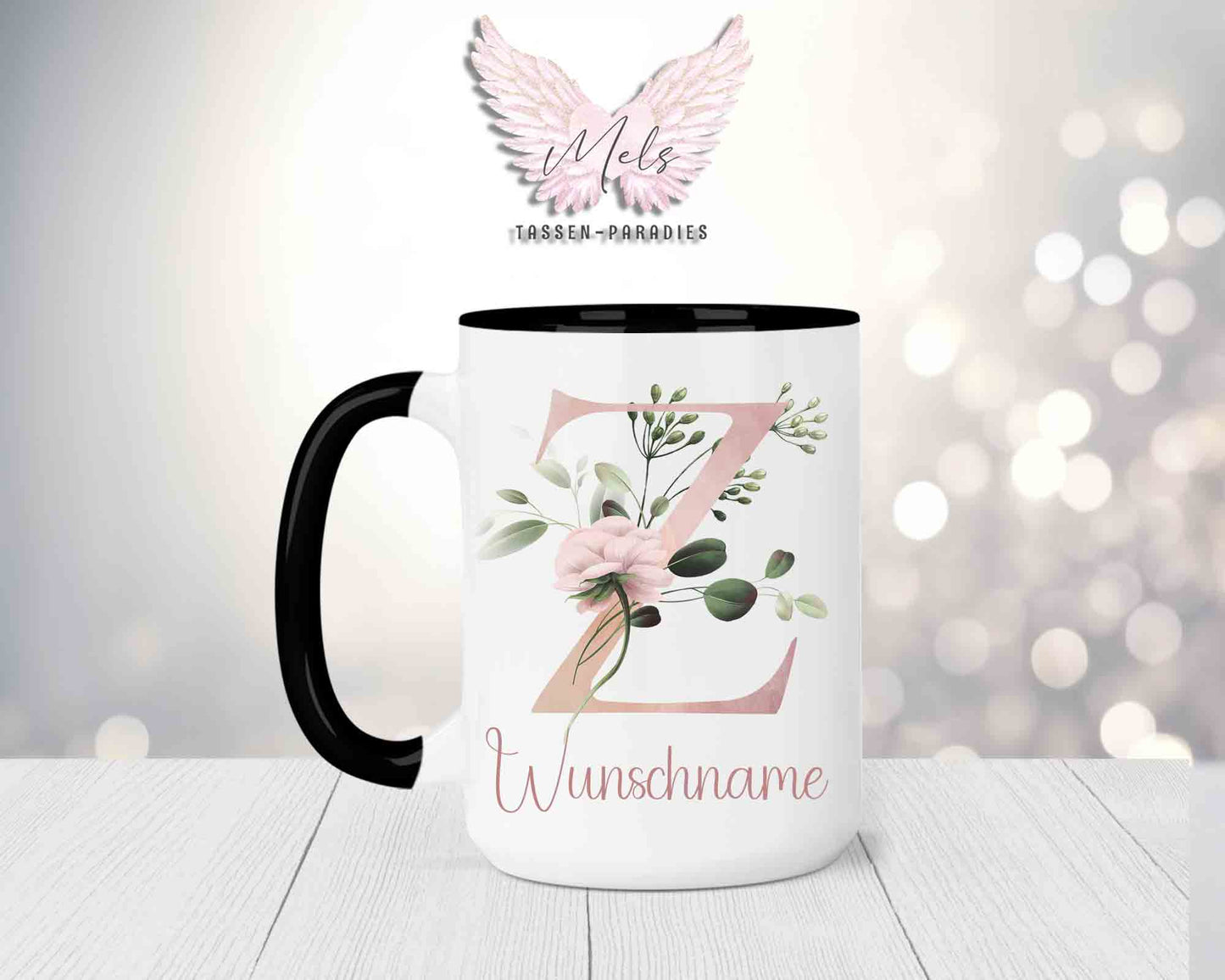Blumen-Alphabet mit Name - Personalisierte 15oz Keramik-Tasse Schwarz