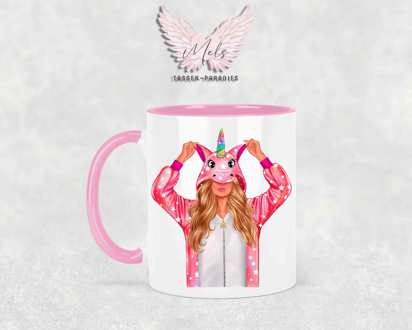 Einhorn-Frau Blond - mit Auswahl Mantelfarbe - Personalisierte Tassen mit und ohne Name