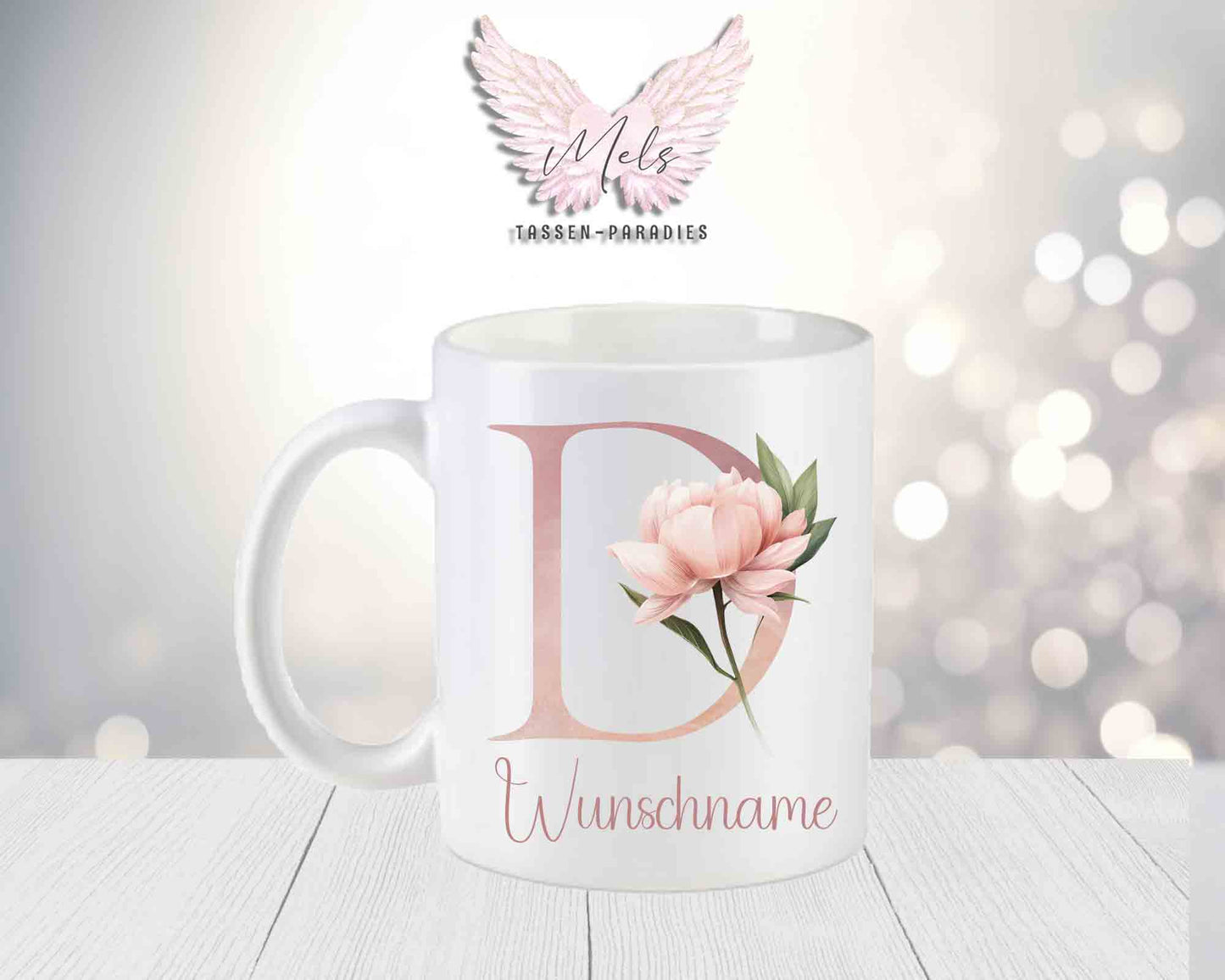 Personalisierte Keramik-Tasse in Weiß-Matt mit Blumen-Alphabet & Namen