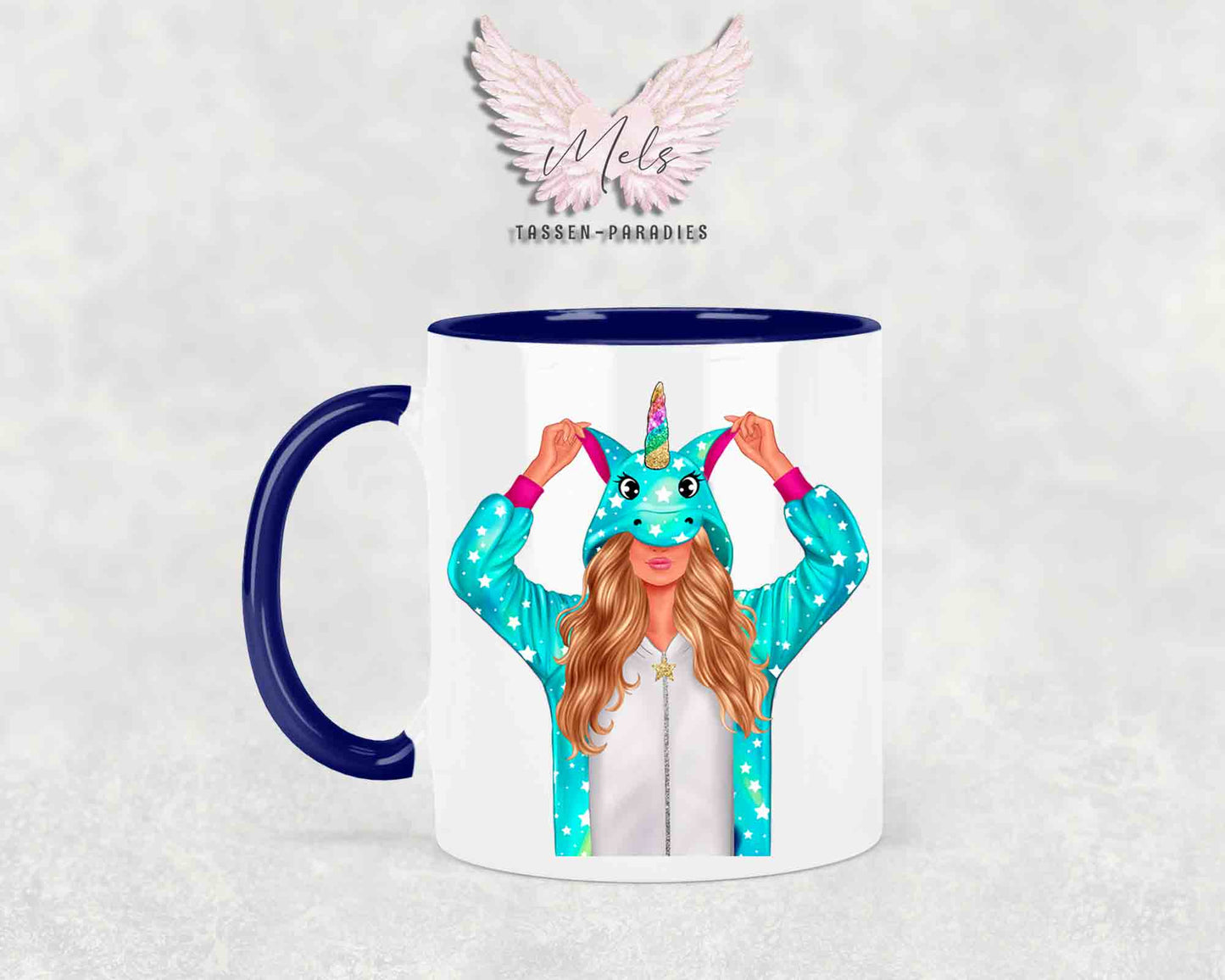 Einhorn-Frau Blond - mit Auswahl Mantelfarbe - Personalisierte Tassen mit und ohne Name