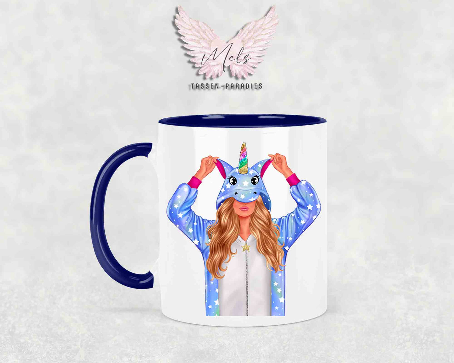 Einhorn-Frau Blond - mit Auswahl Mantelfarbe - Personalisierte Tassen mit und ohne Name
