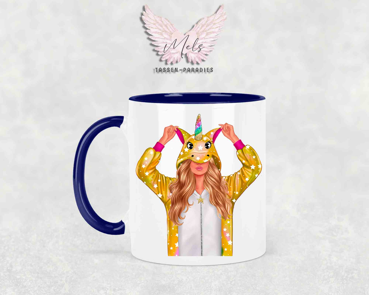 Einhorn-Frau Blond - mit Auswahl Mantelfarbe - Personalisierte Tassen mit und ohne Name