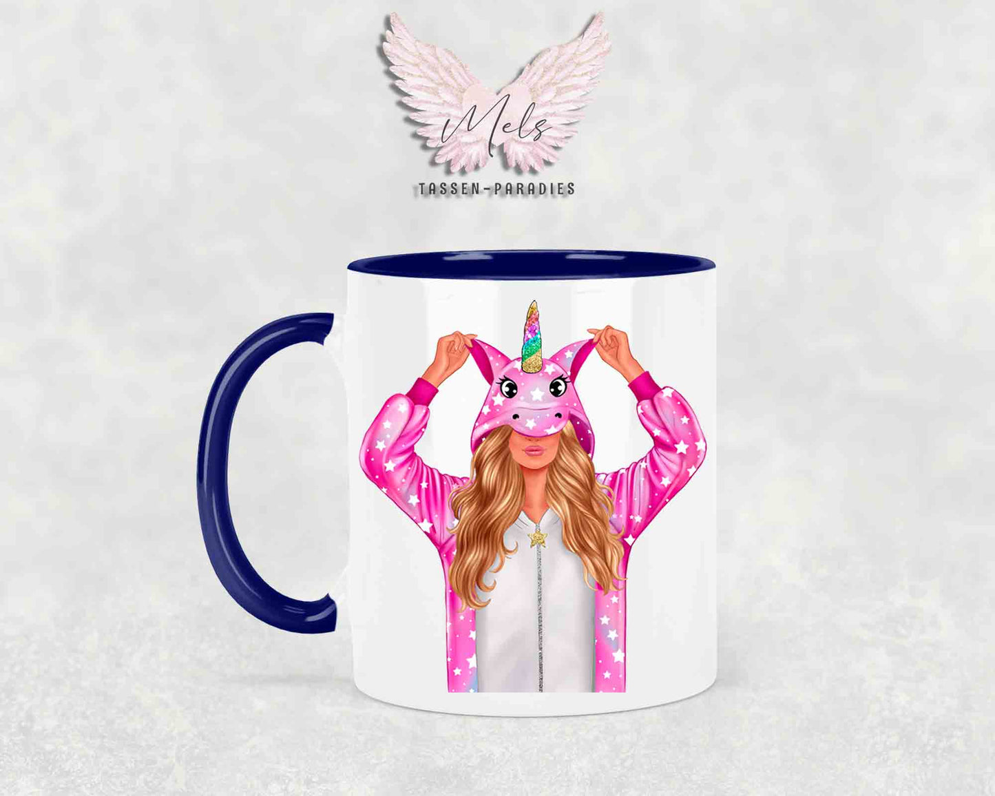 Einhorn-Frau Blond - mit Auswahl Mantelfarbe - Personalisierte Tassen mit und ohne Name