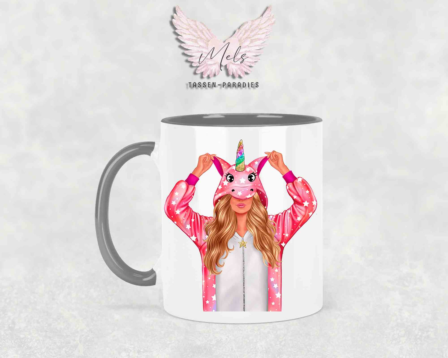 Einhorn-Frau Blond - mit Auswahl Mantelfarbe - Personalisierte Tassen mit und ohne Name