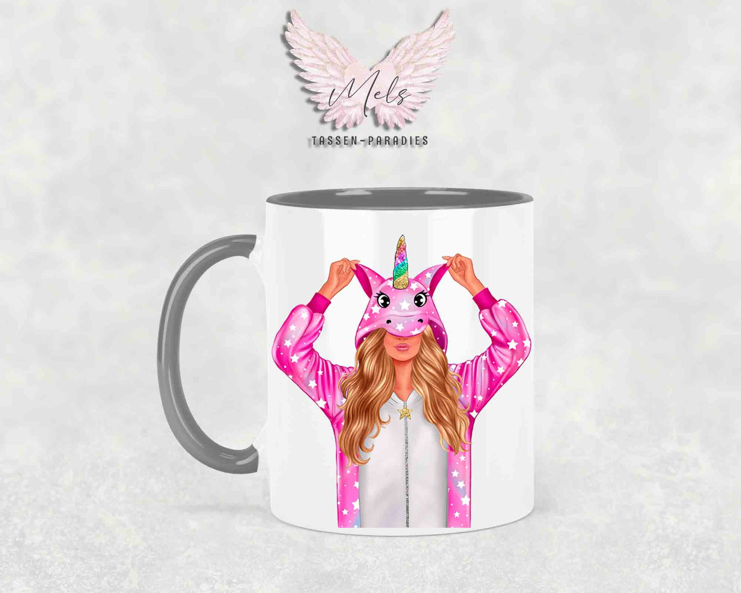 Einhorn-Frau Blond - mit Auswahl Mantelfarbe - Personalisierte Tassen mit und ohne Name