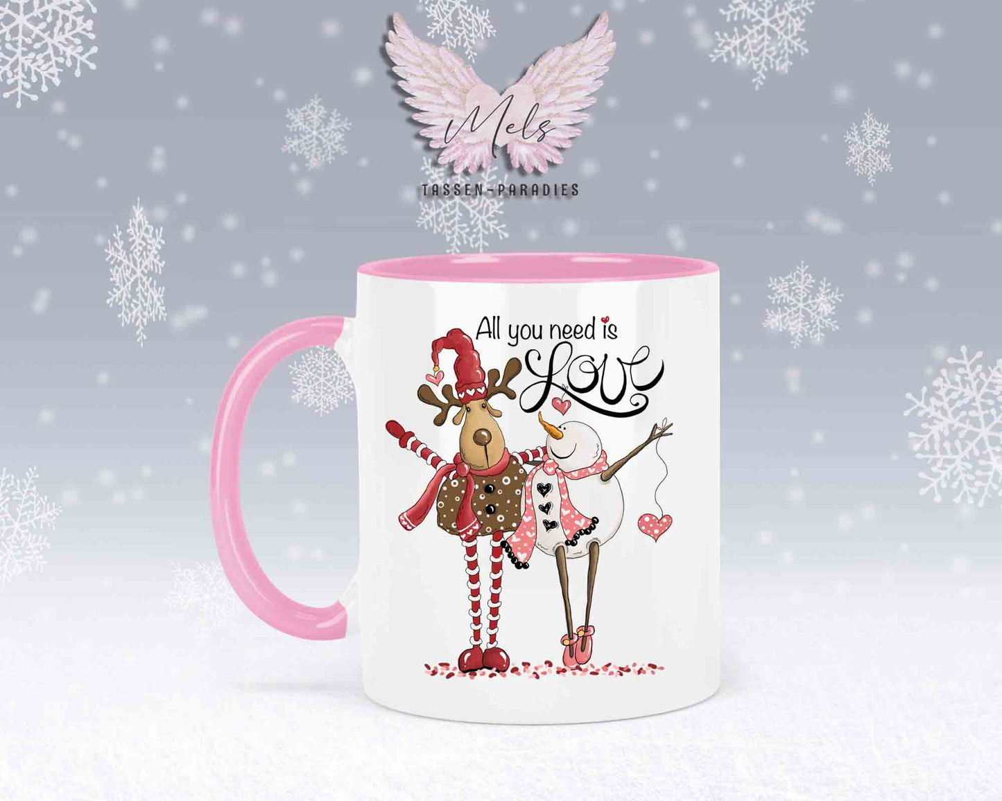 Tasse mit süßem Paar-Schneefrau und Hirsch – mit oder ohne Wunschname