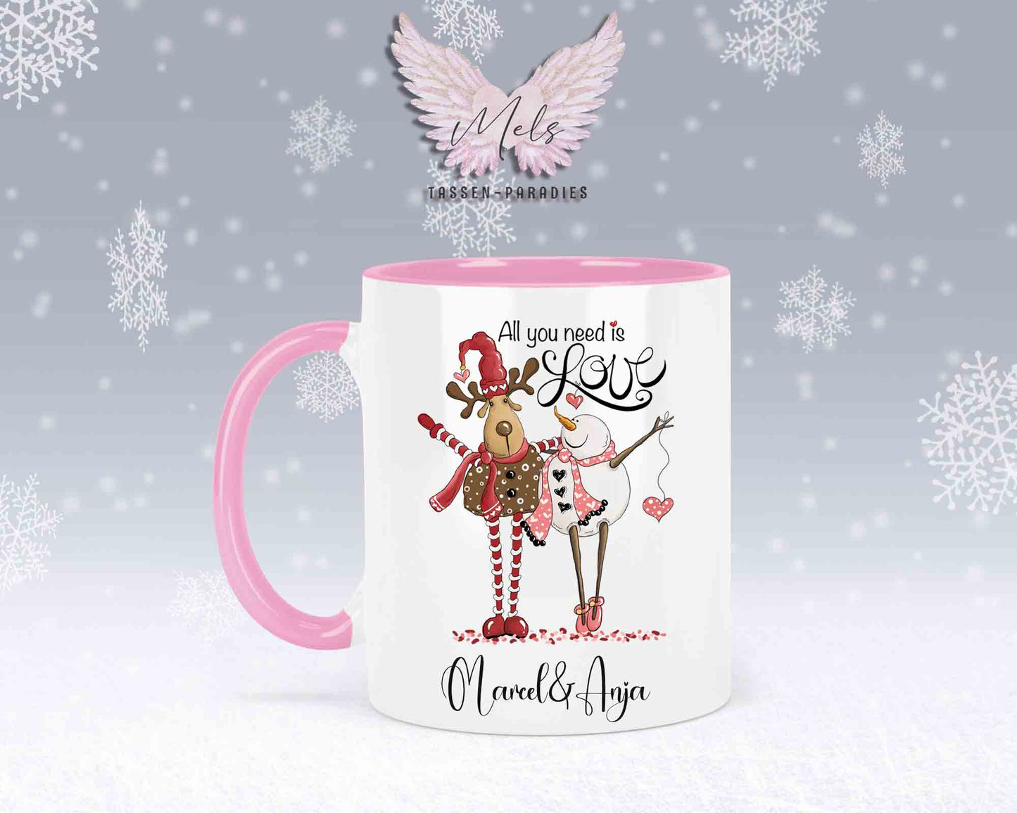 Tasse mit süßem Paar-Schneefrau und Hirsch – mit oder ohne Wunschname