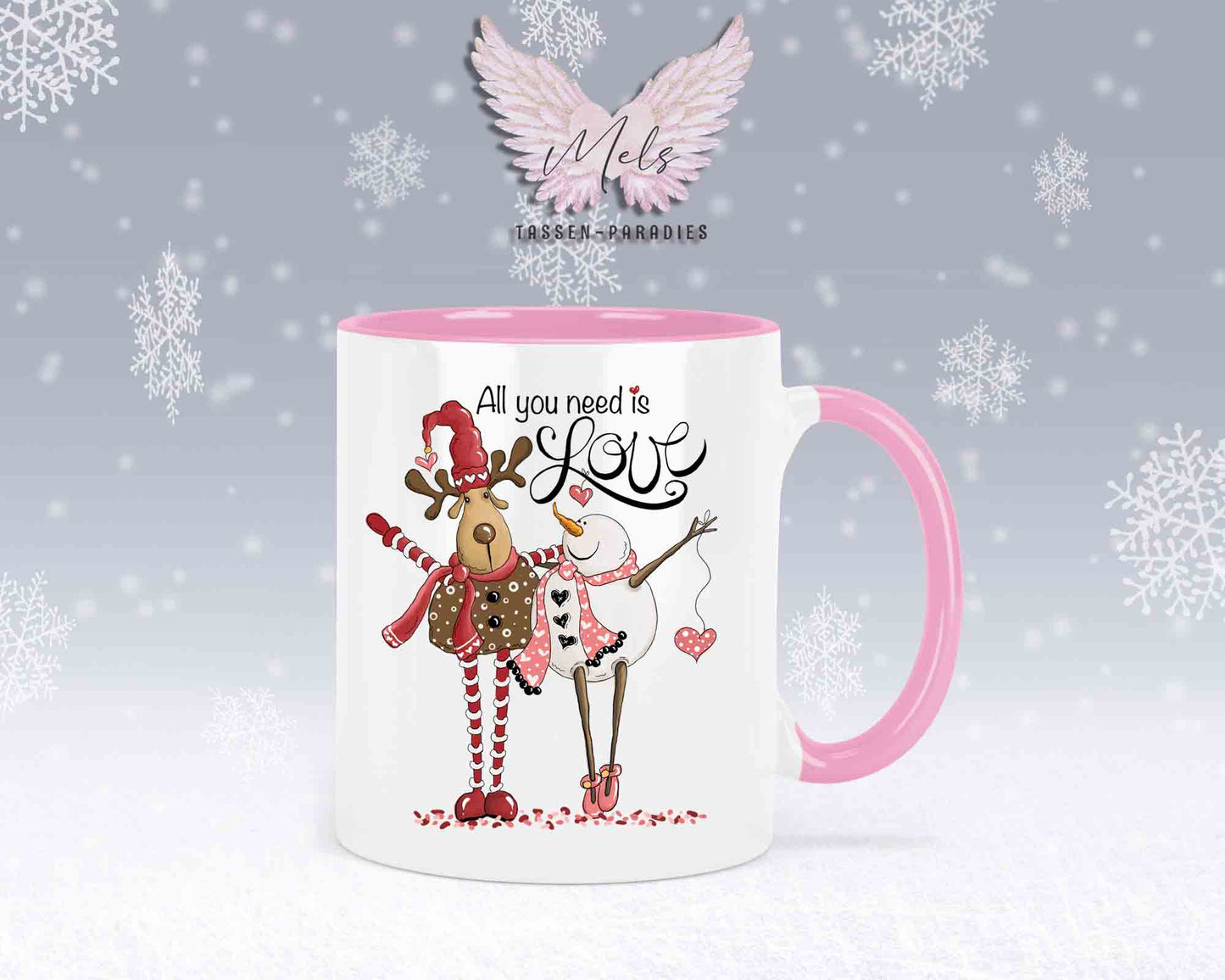Tasse mit süßem Paar-Schneefrau und Hirsch – mit oder ohne Wunschname
