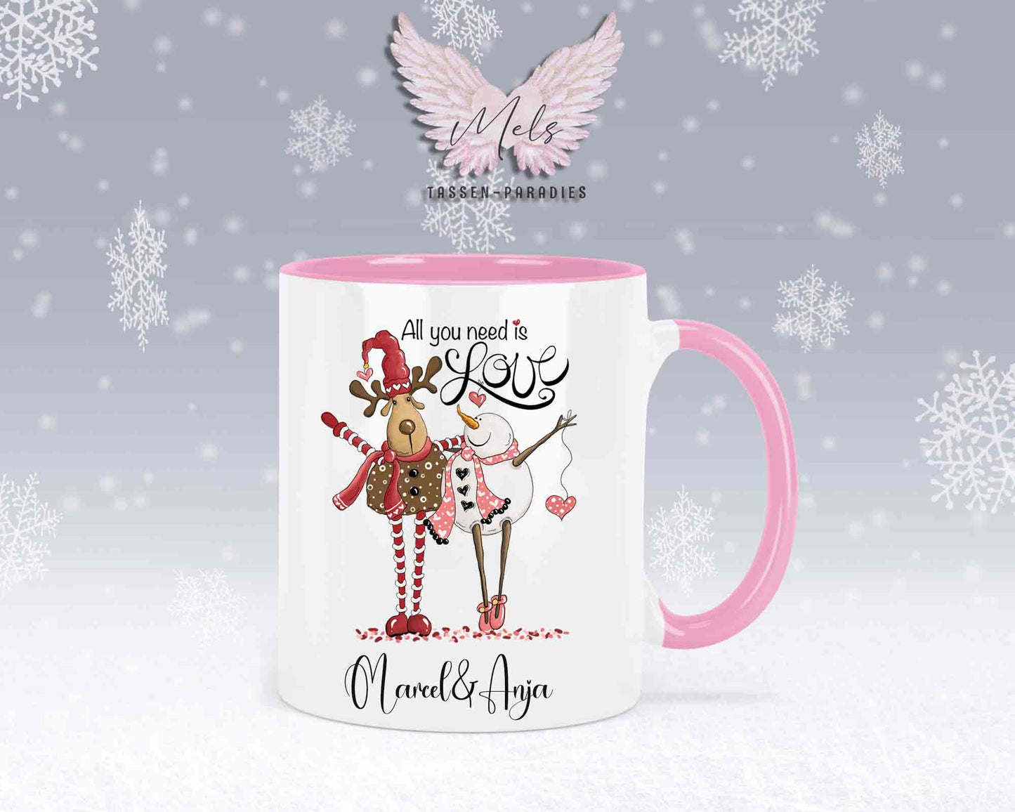 Tasse mit süßem Paar-Schneefrau und Hirsch – mit oder ohne Wunschname