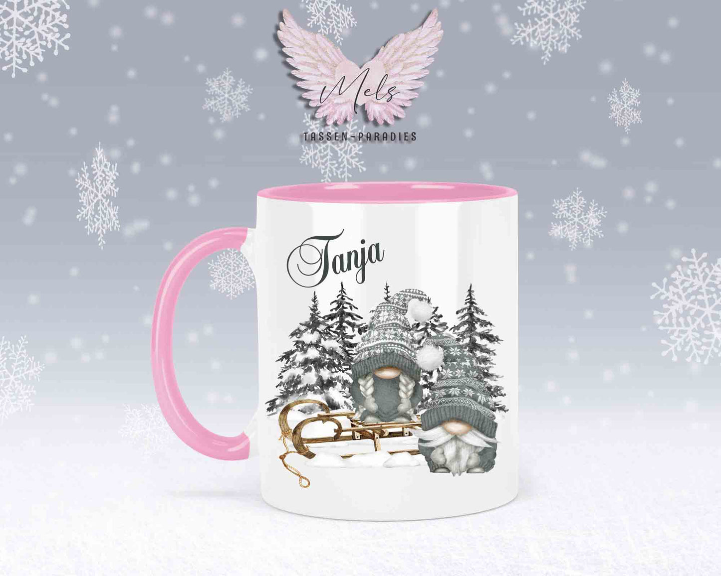 Tasse mit Wichtel und Schlitten – mit oder ohne Wunschname