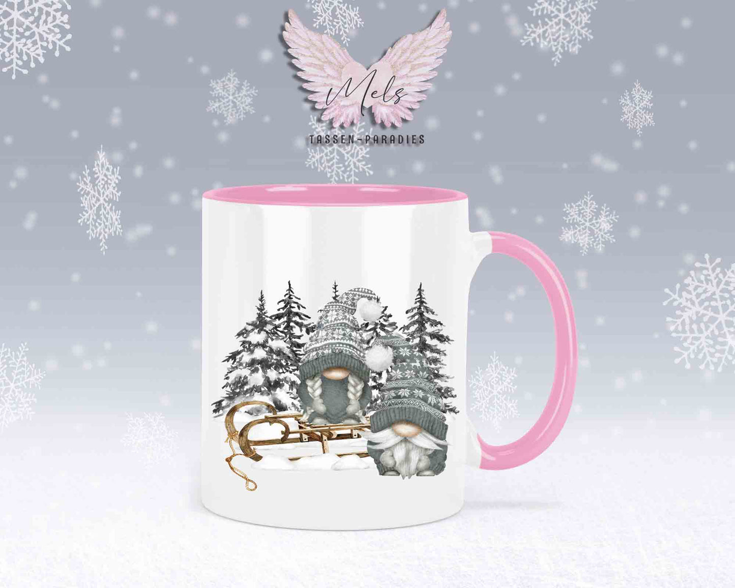Tasse mit Wichtel und Schlitten – mit oder ohne Wunschname