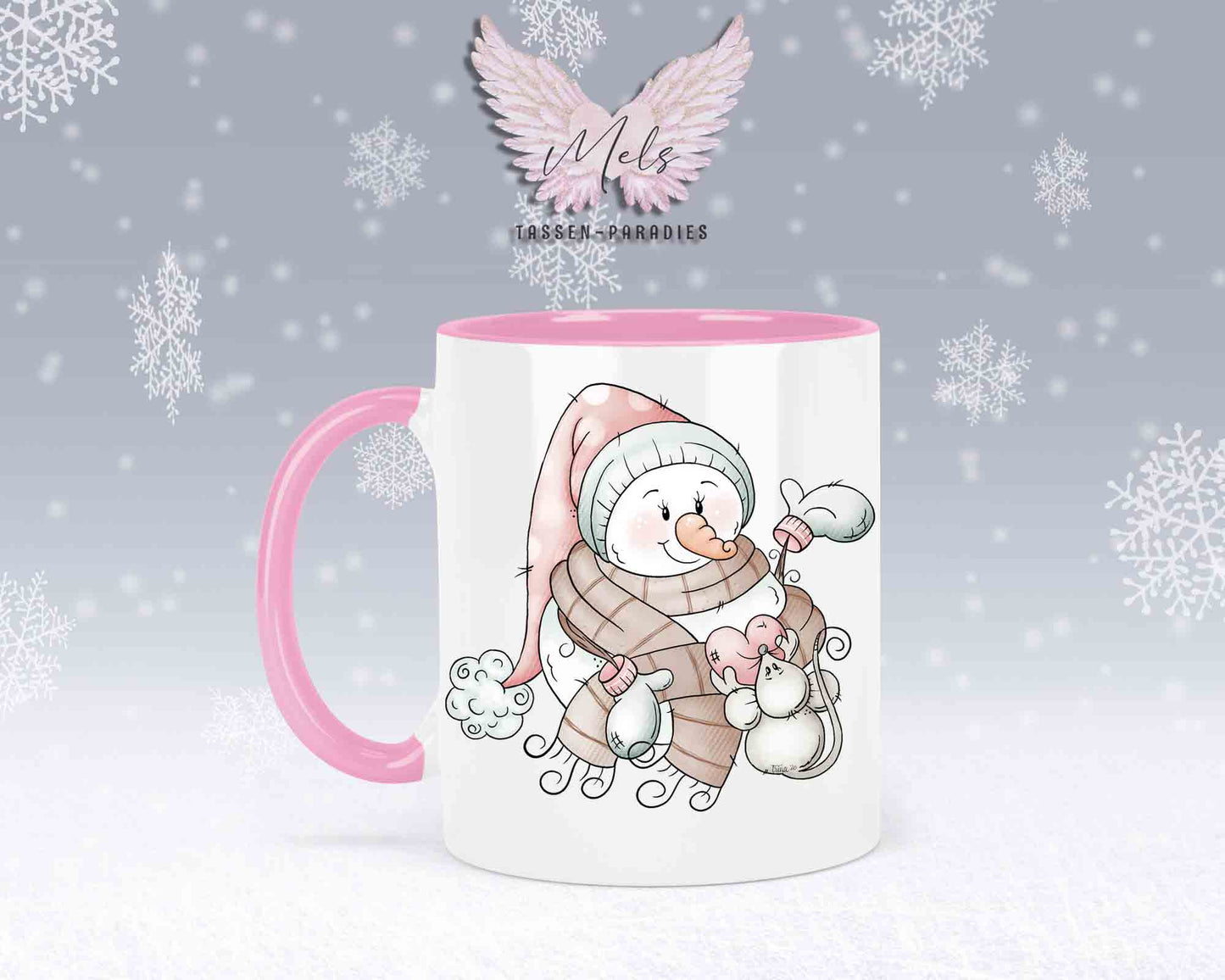 "Schneemann-Tasse mit Maus und Herz – mit oder ohne Wunschname"