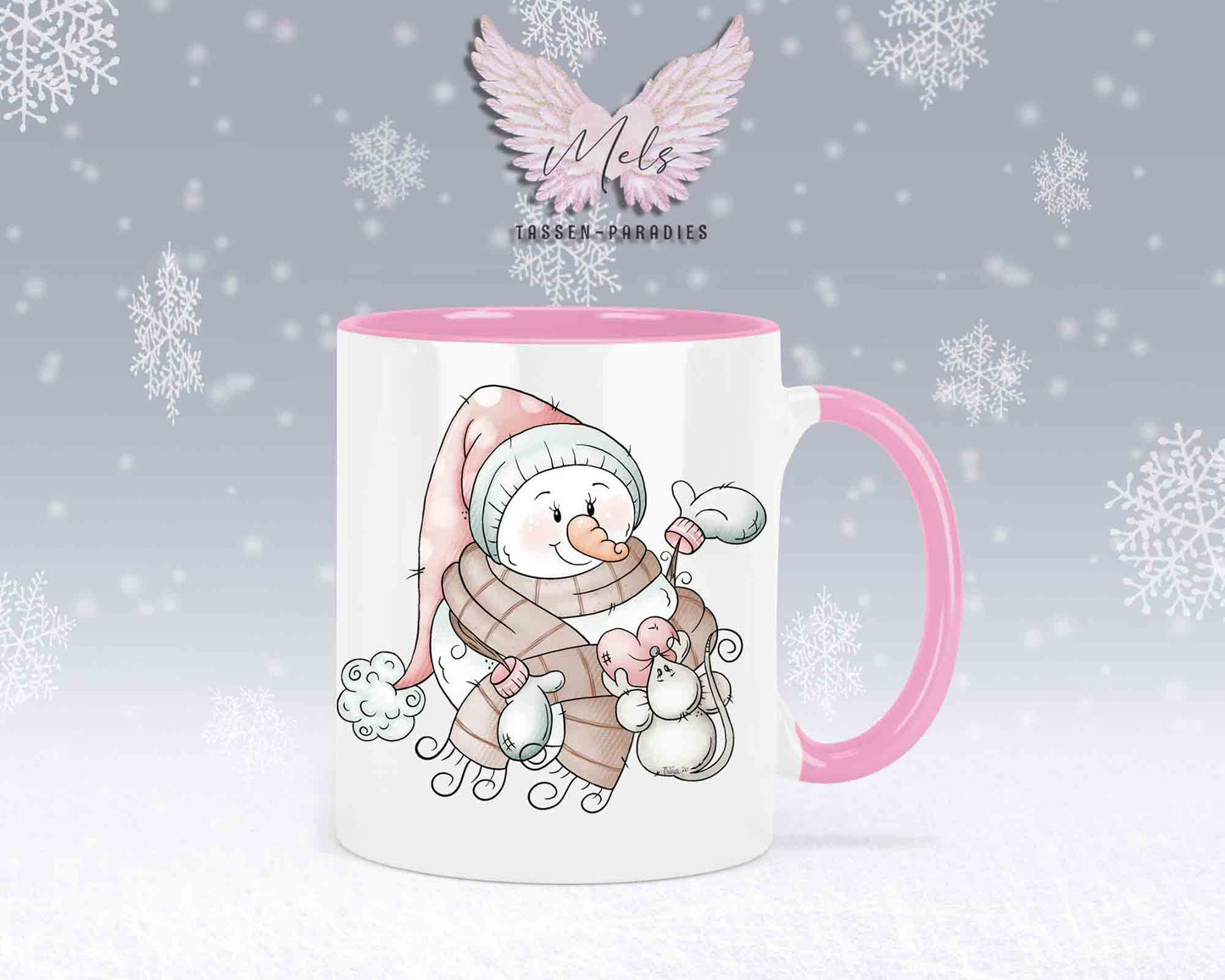 "Schneemann-Tasse mit Maus und Herz – mit oder ohne Wunschname"