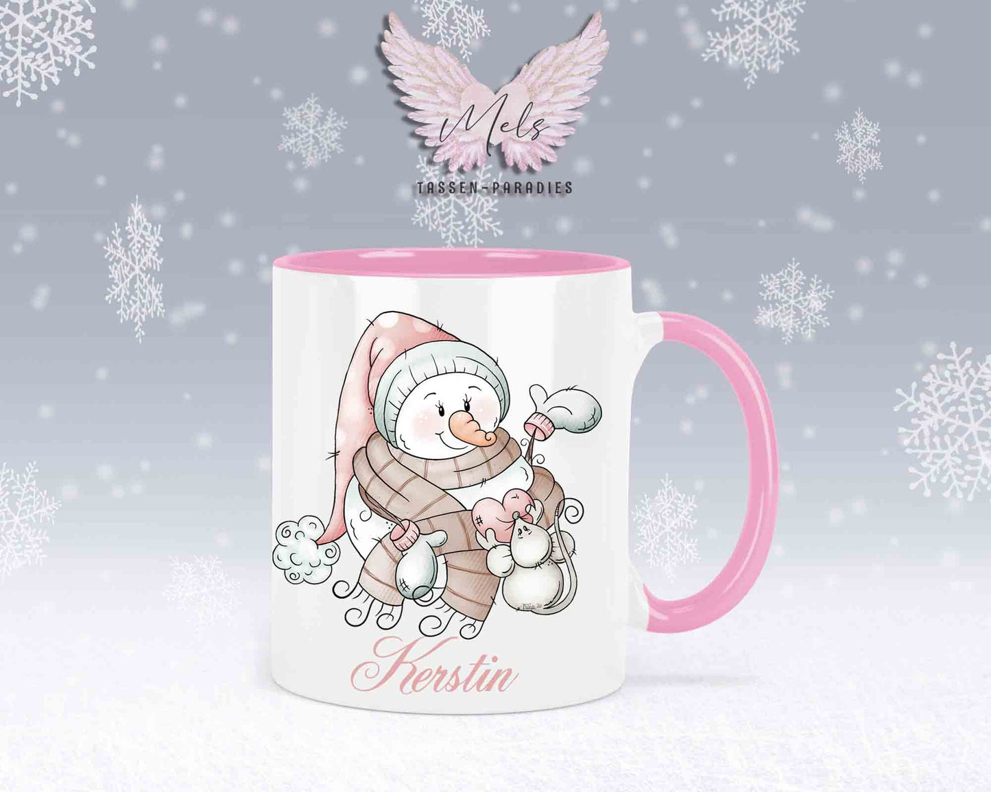 "Schneemann-Tasse mit Maus und Herz – mit oder ohne Wunschname"