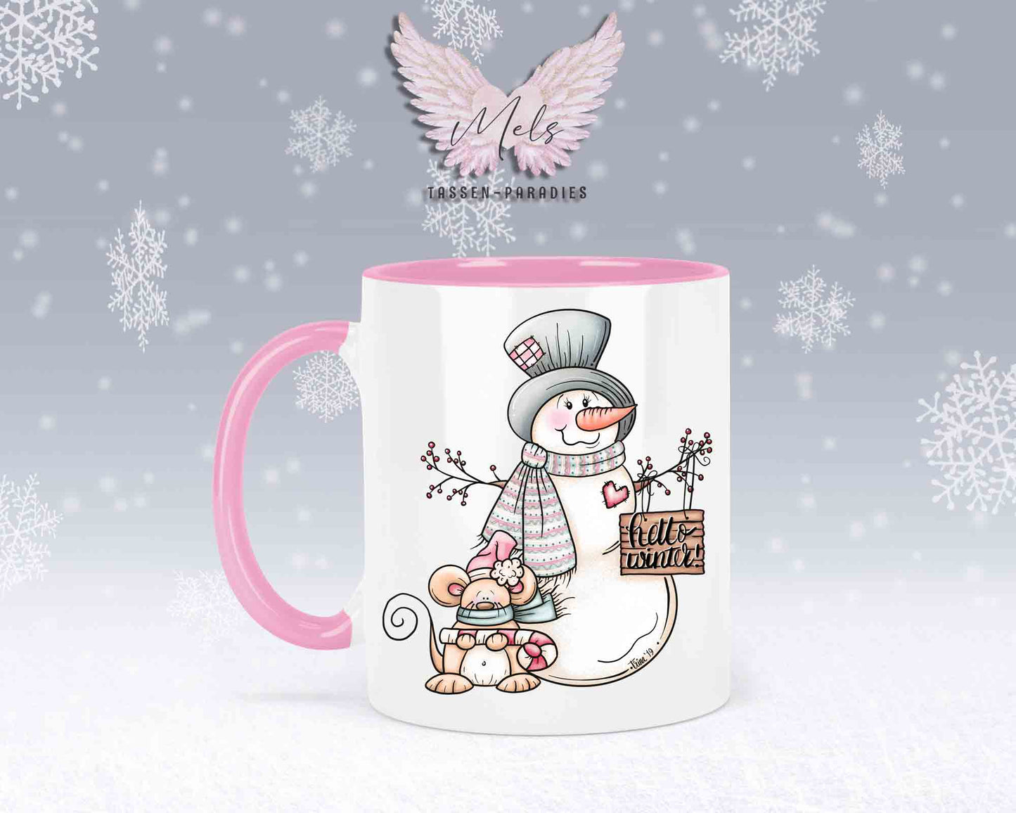 Tasse mit Schneemann und süßer Maus – mit oder ohne Wunschname
