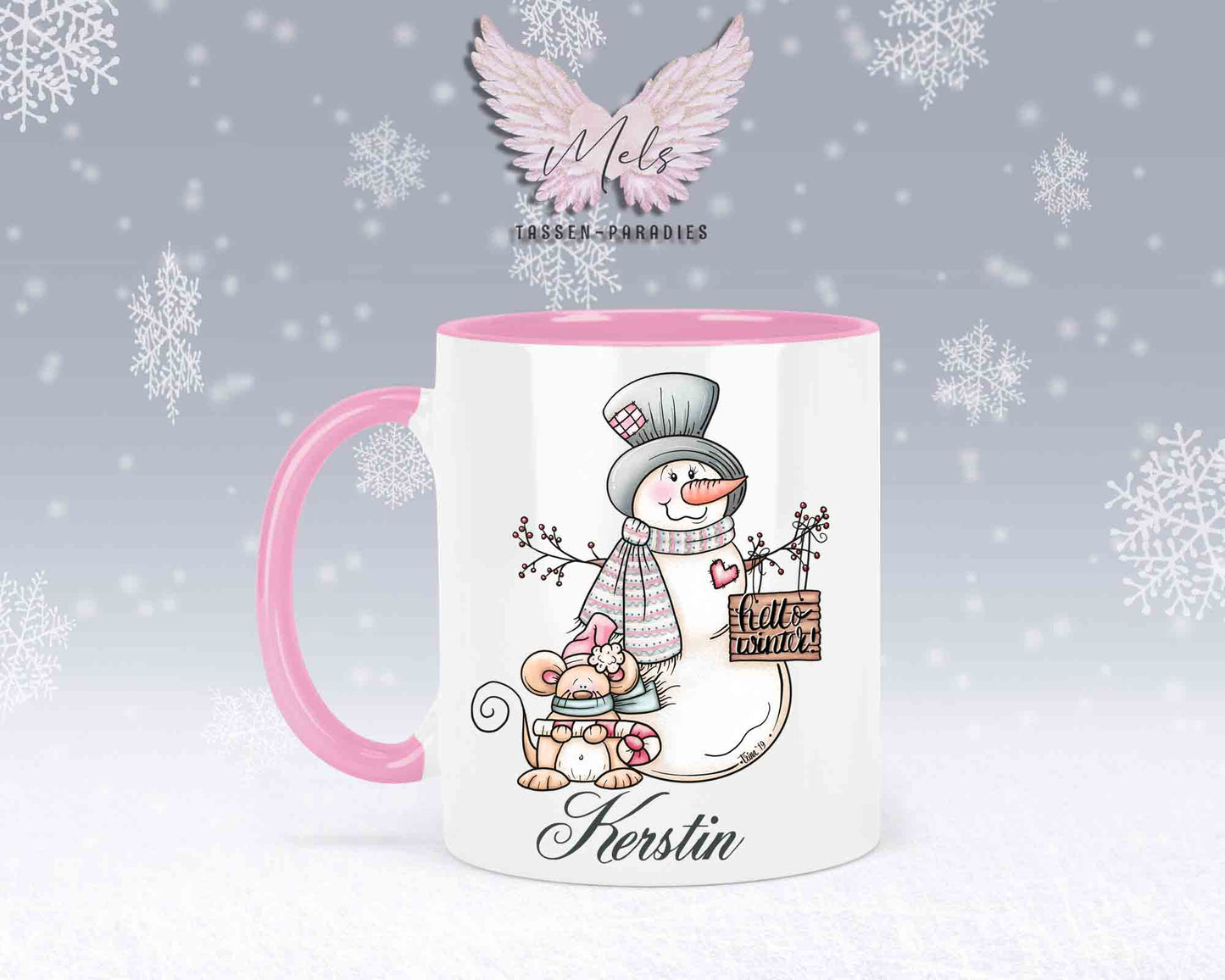 Tasse mit Schneemann und süßer Maus – mit oder ohne Wunschname