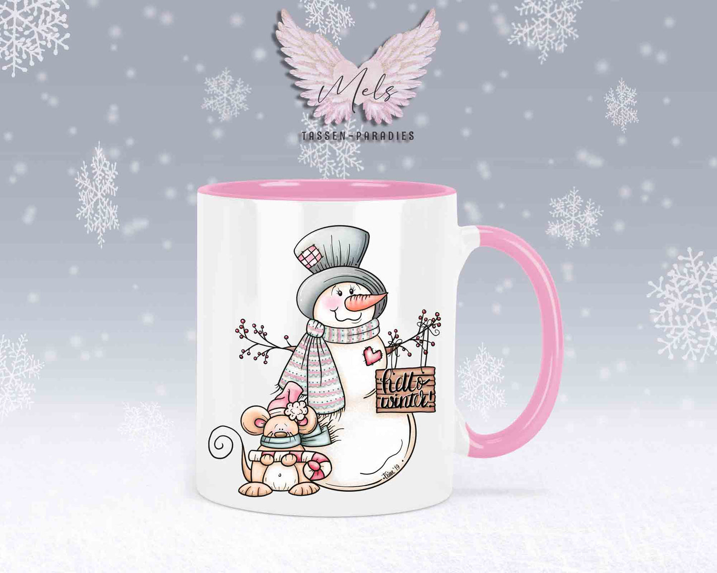 Tasse mit Schneemann und süßer Maus – mit oder ohne Wunschname