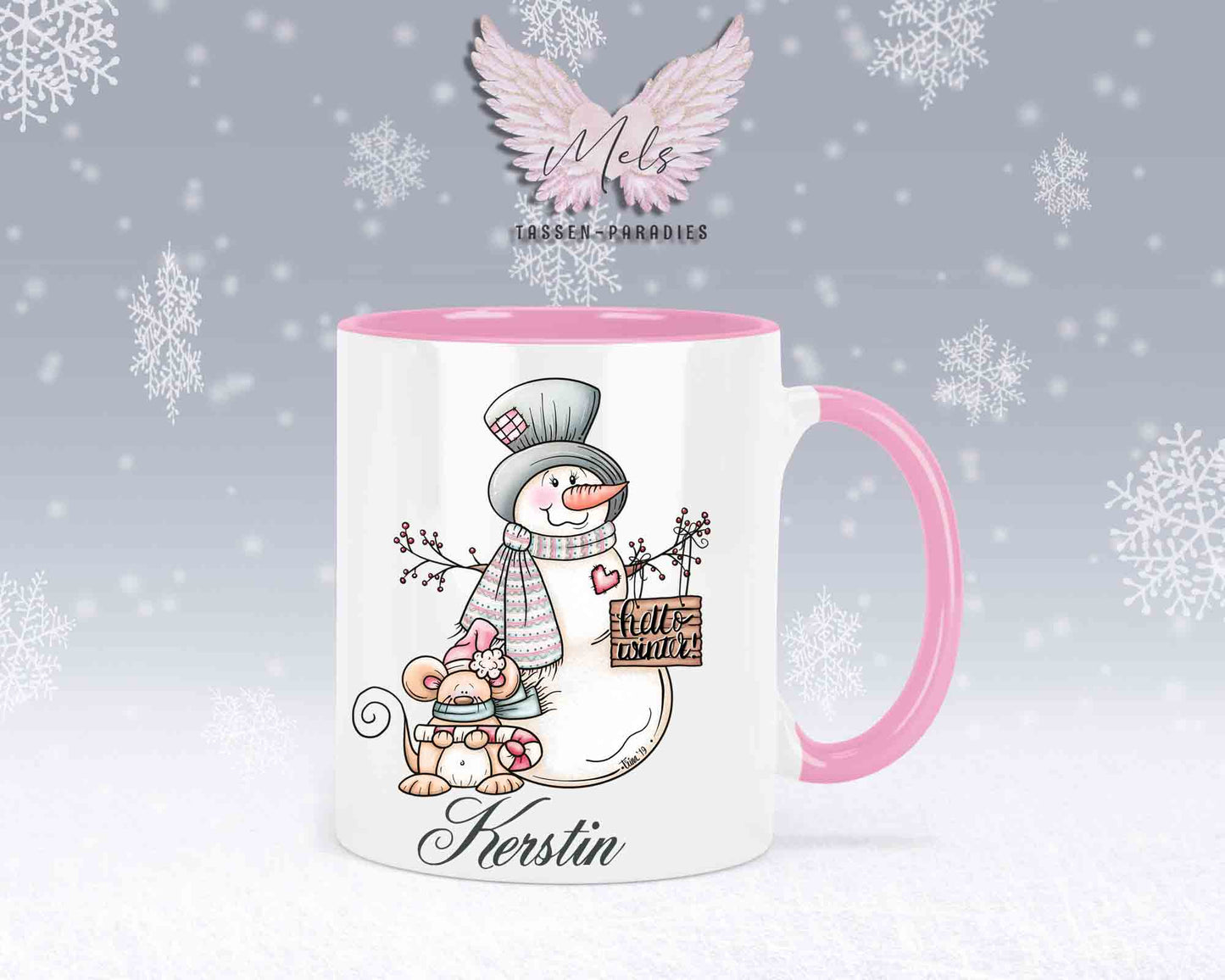 Tasse mit Schneemann und süßer Maus – mit oder ohne Wunschname