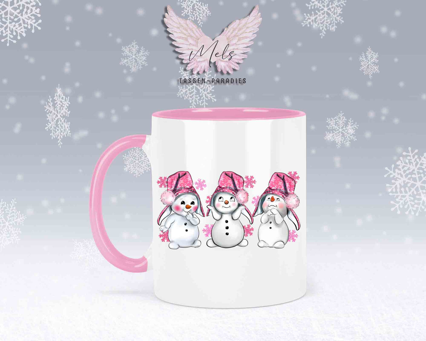 Tasse mit süßen Schneemänner mit rosa Mütze– mit oder ohne Wunschname