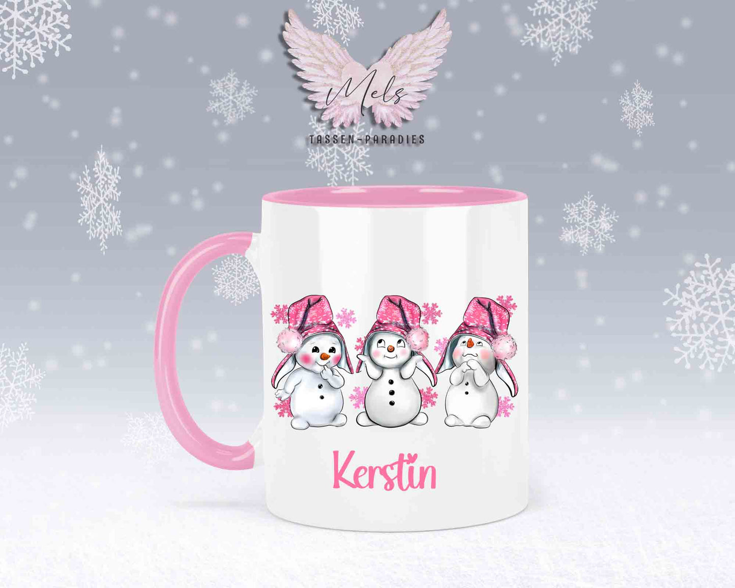 Tasse mit süßen Schneemänner mit rosa Mütze– mit oder ohne Wunschname