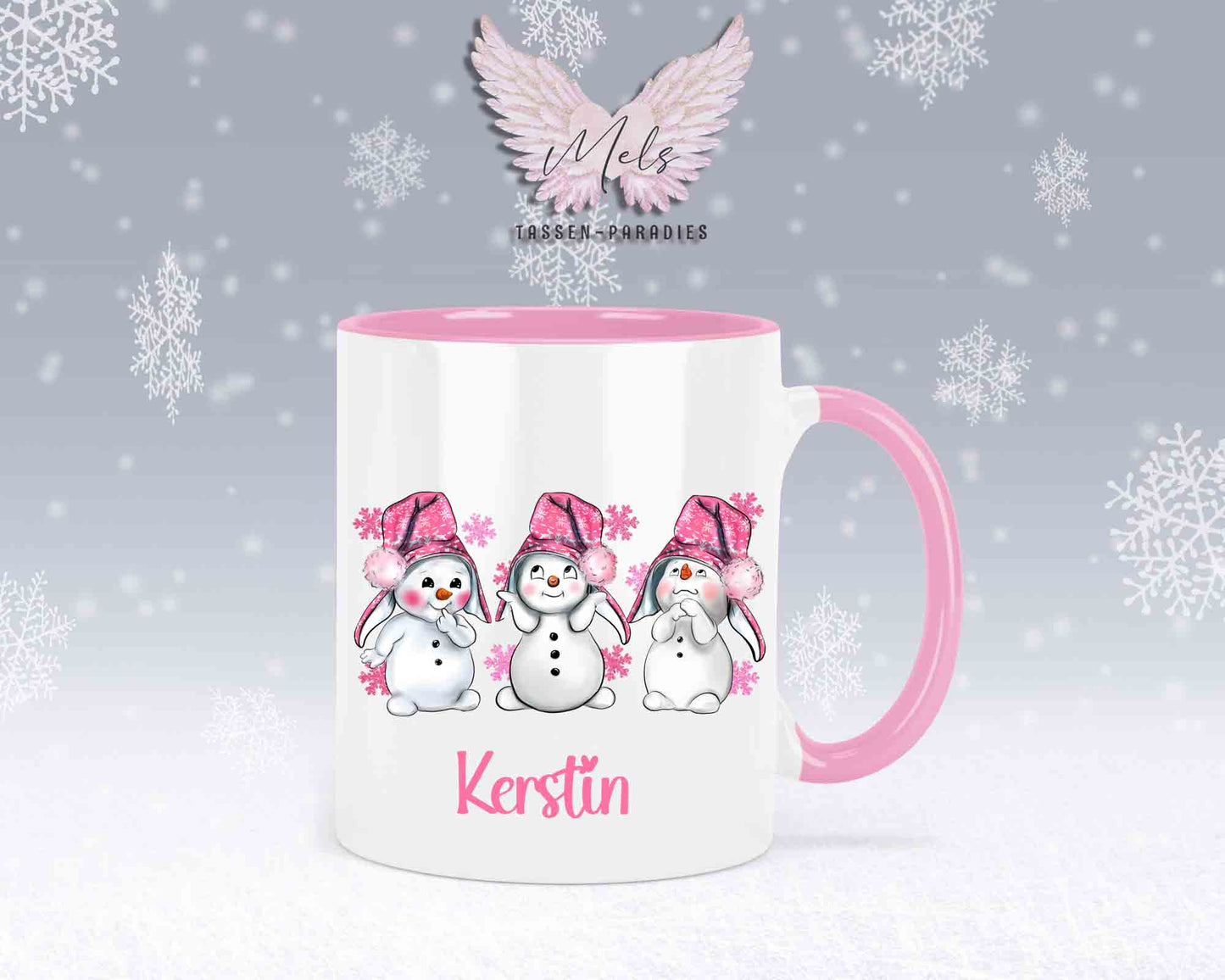 Tasse mit süßen Schneemänner mit rosa Mütze– mit oder ohne Wunschname