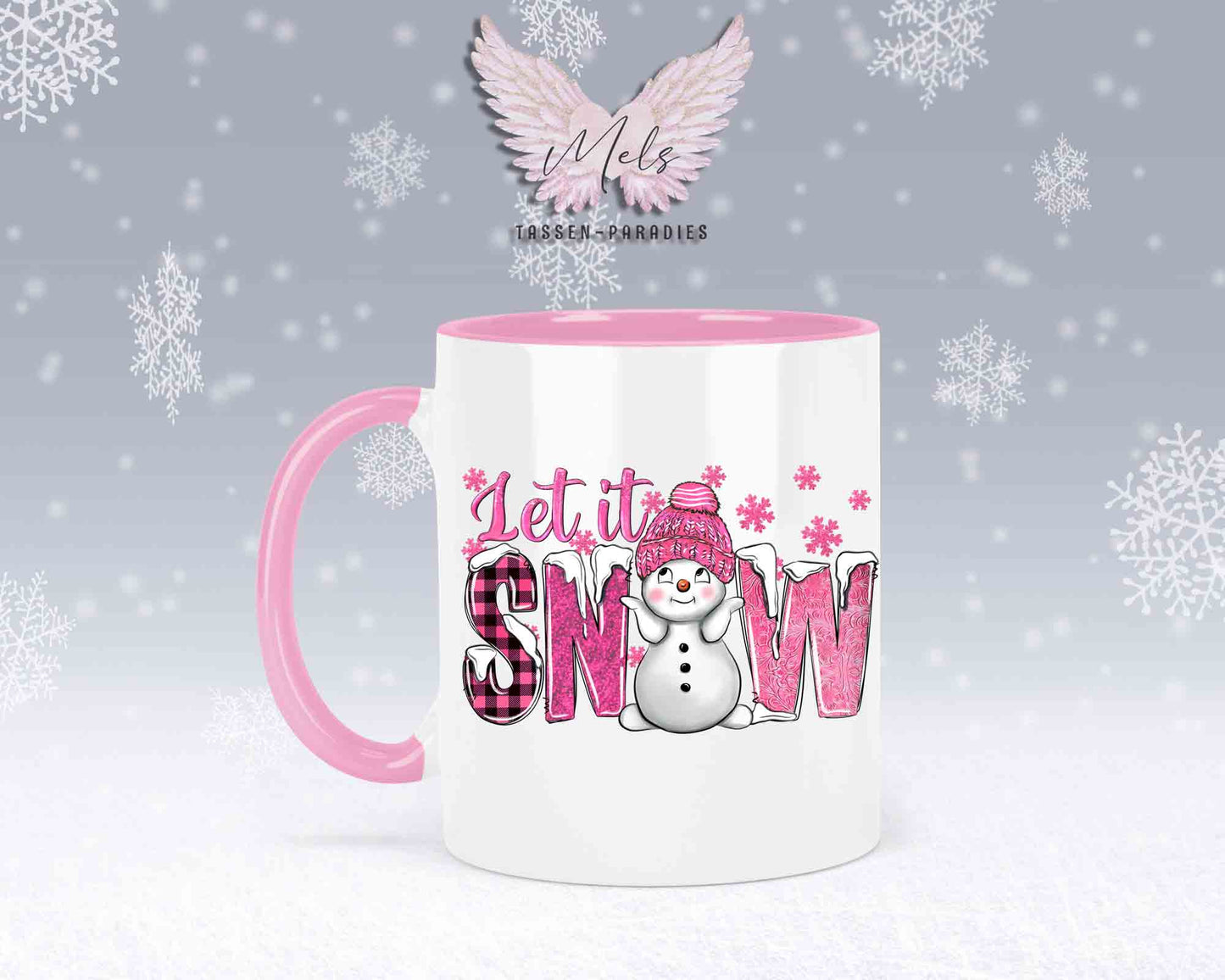 Tasse mit süßen Schneemann Lets Snow Rosa– mit oder ohne Wunschname