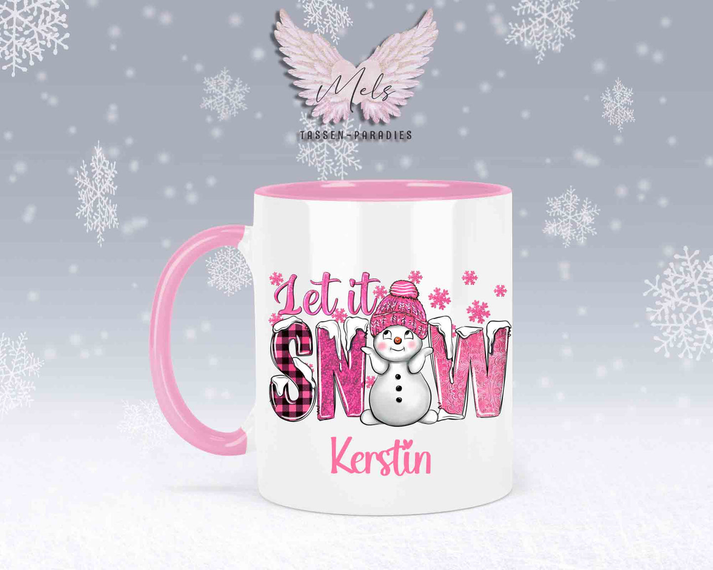 Tasse mit süßen Schneemann Lets Snow Rosa– mit oder ohne Wunschname