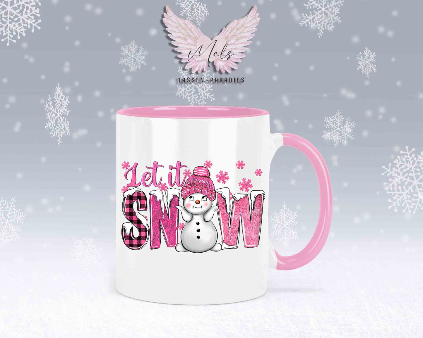 Tasse mit süßen Schneemann Lets Snow Rosa– mit oder ohne Wunschname