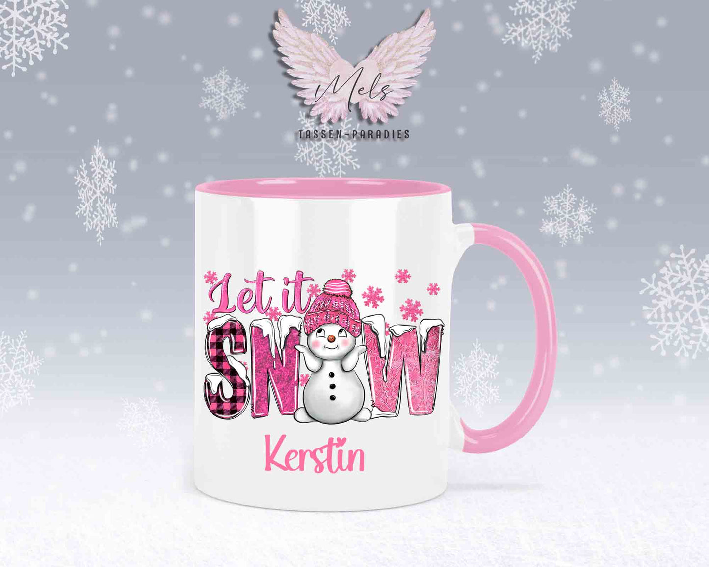 Tasse mit süßen Schneemann Lets Snow Rosa– mit oder ohne Wunschname