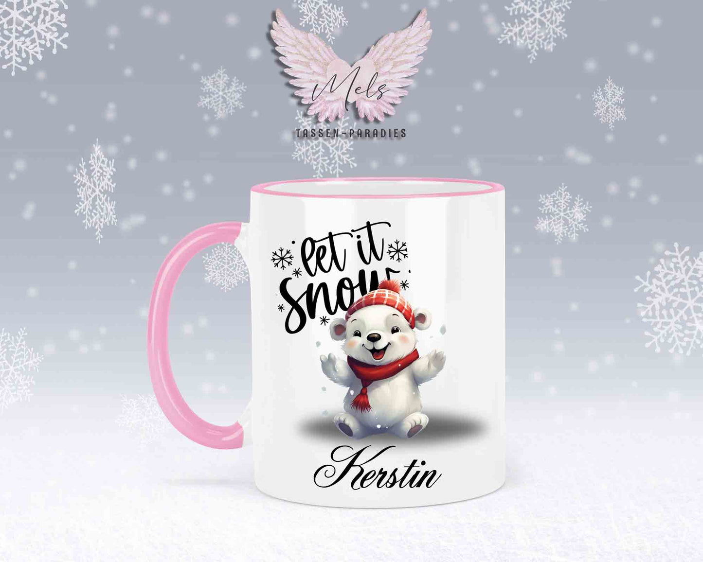 Schneemann-Tasse Let's Snow – mit oder ohne Wunschname