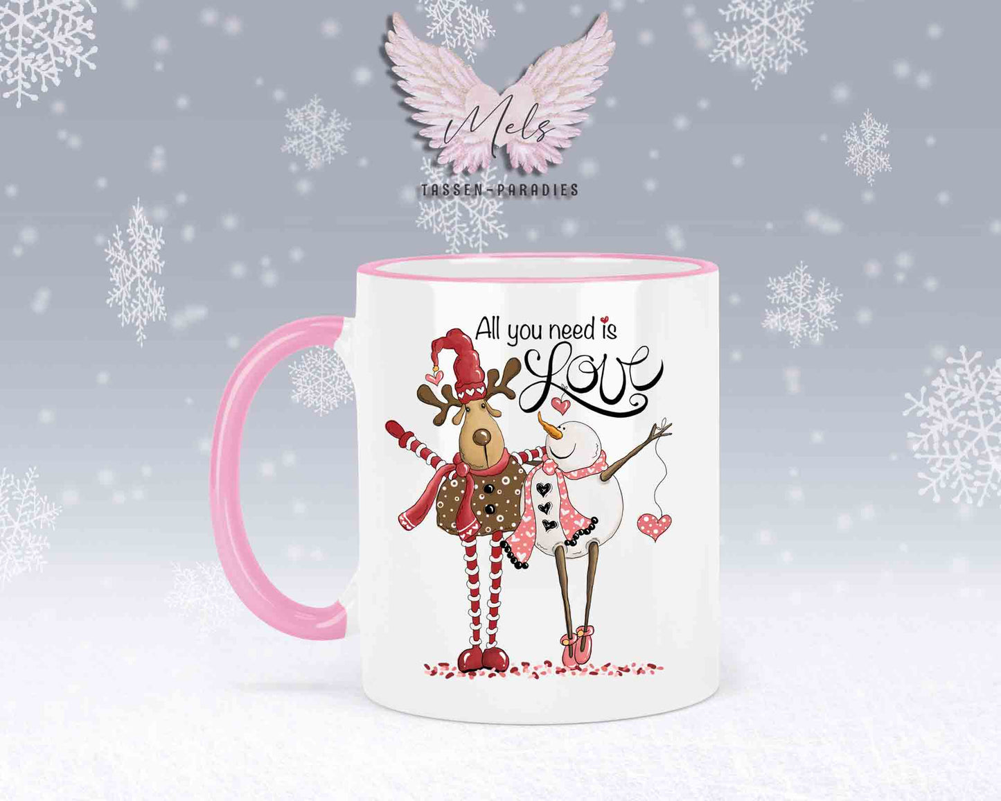 Tasse mit süßem Paar-Schneefrau und Hirsch – mit oder ohne Wunschname