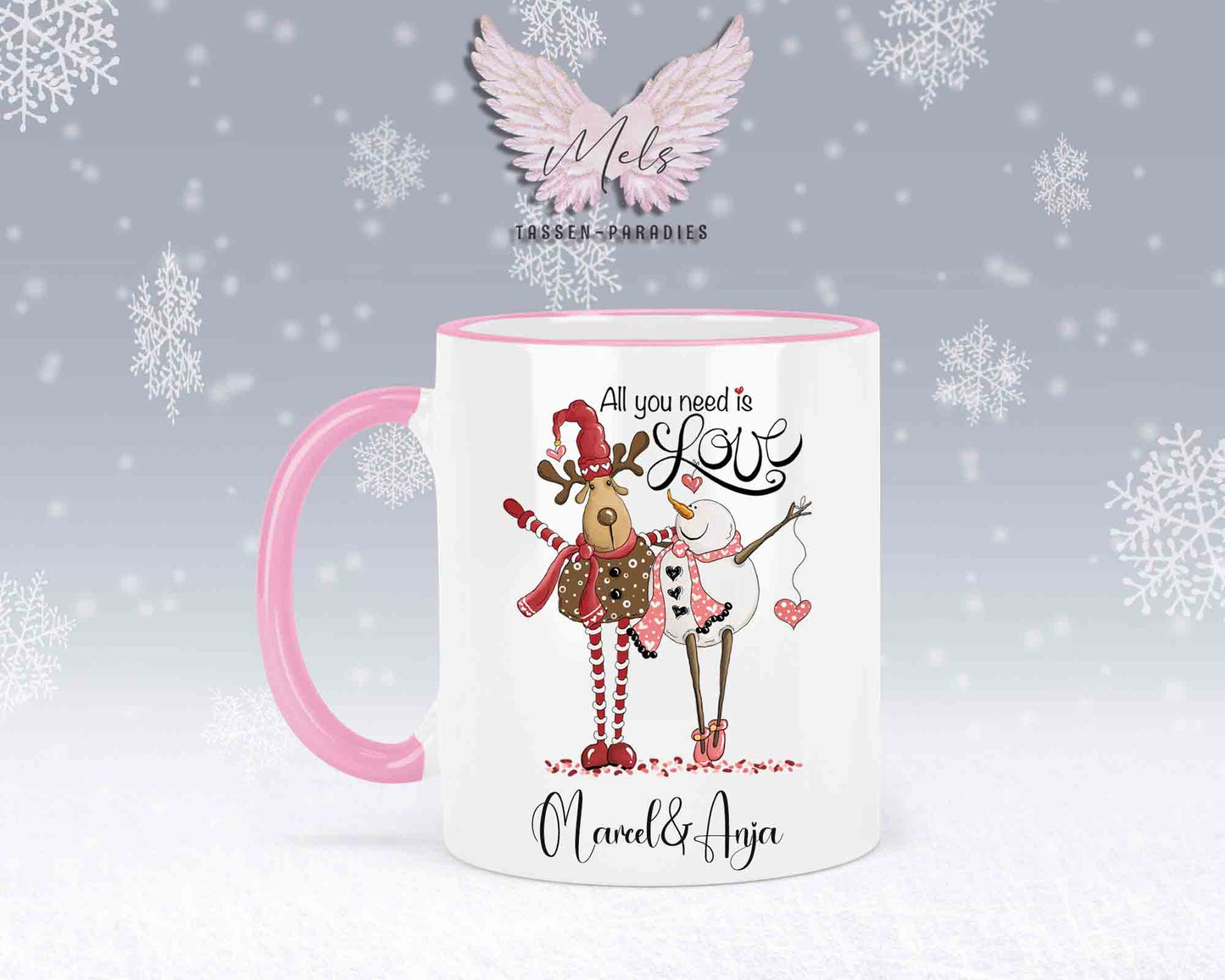 Tasse mit süßem Paar-Schneefrau und Hirsch – mit oder ohne Wunschname
