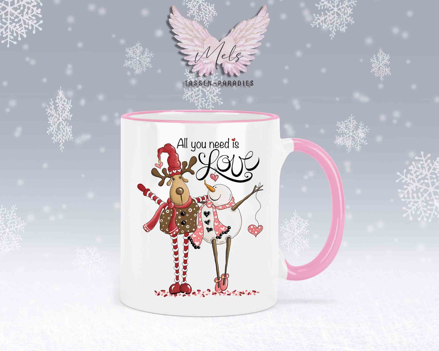 Tasse mit süßem Paar-Schneefrau und Hirsch – mit oder ohne Wunschname