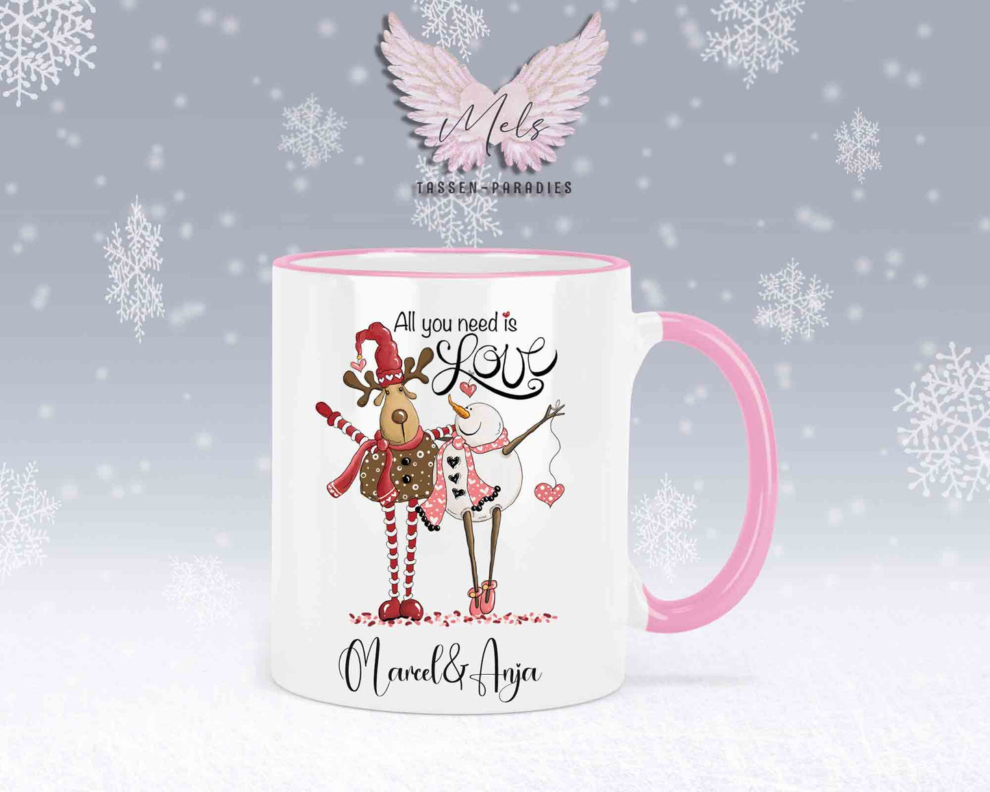 Tasse mit süßem Paar-Schneefrau und Hirsch – mit oder ohne Wunschname