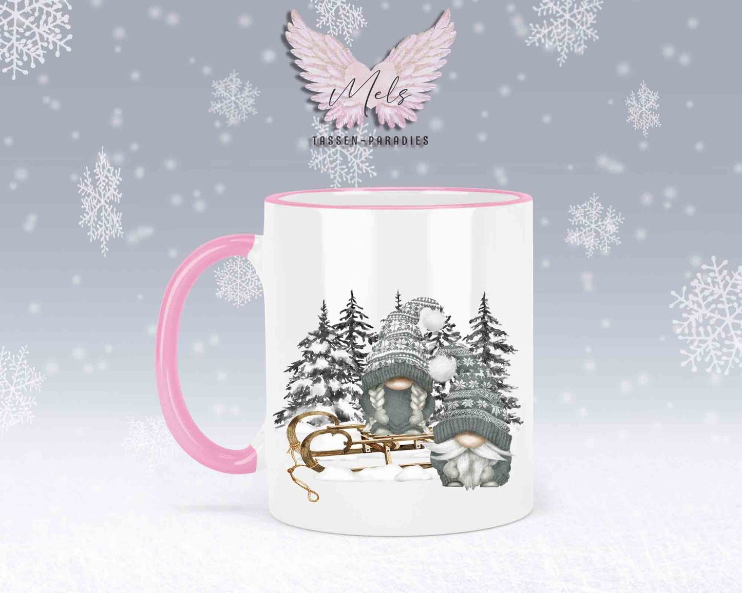 Tasse mit Wichtel und Schlitten – mit oder ohne Wunschname
