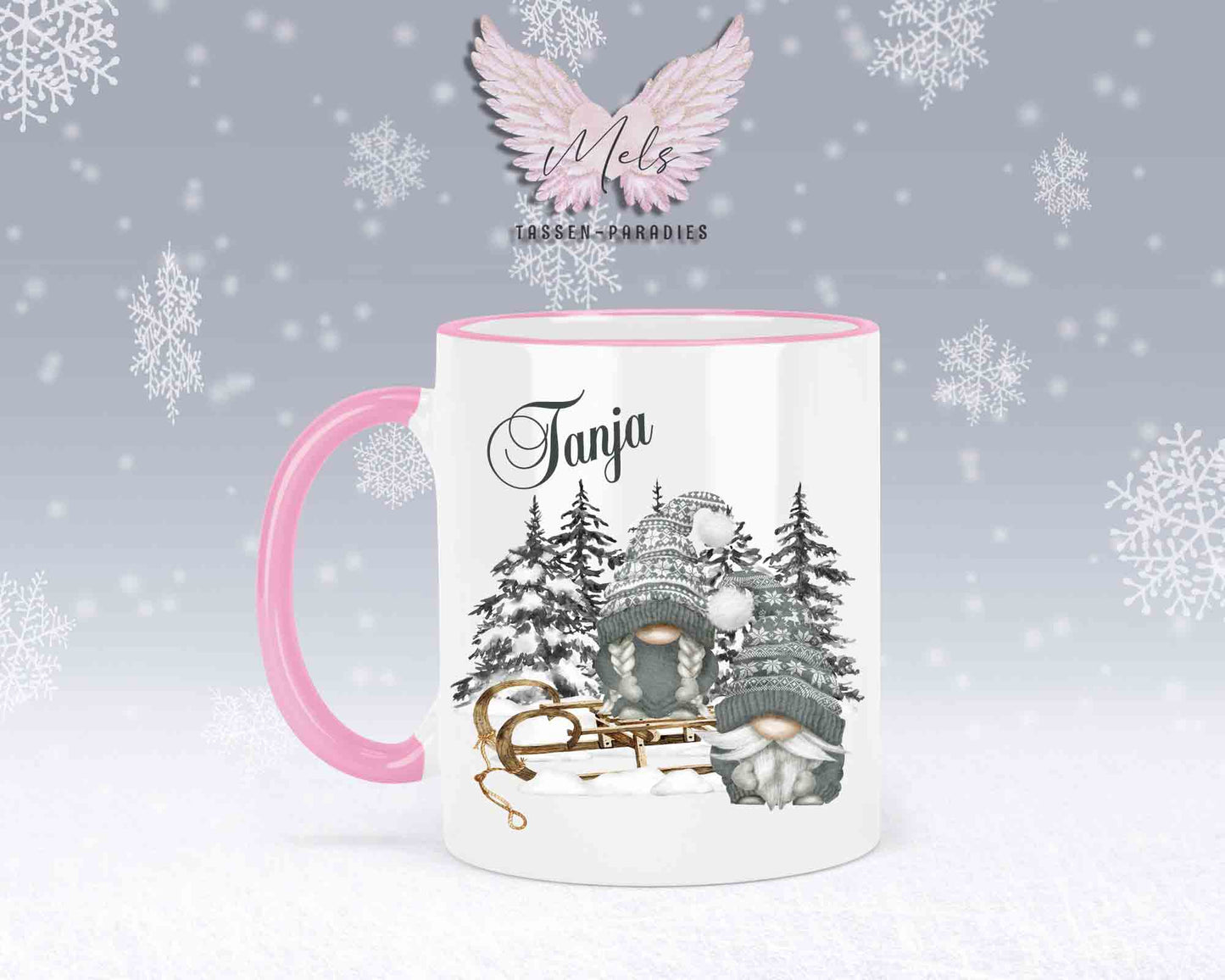 Tasse mit Wichtel und Schlitten – mit oder ohne Wunschname