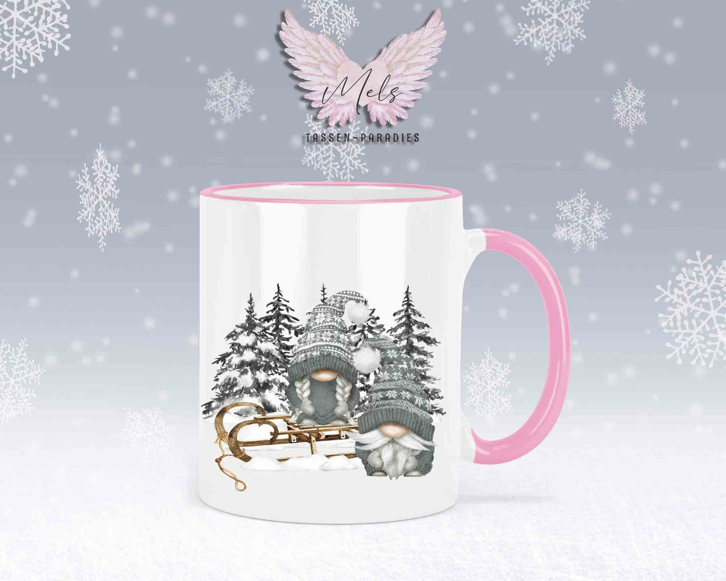 Tasse mit Wichtel und Schlitten – mit oder ohne Wunschname