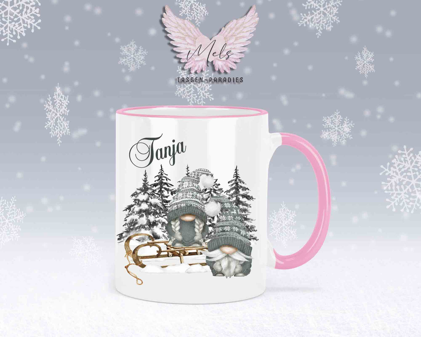 Tasse mit Wichtel und Schlitten – mit oder ohne Wunschname